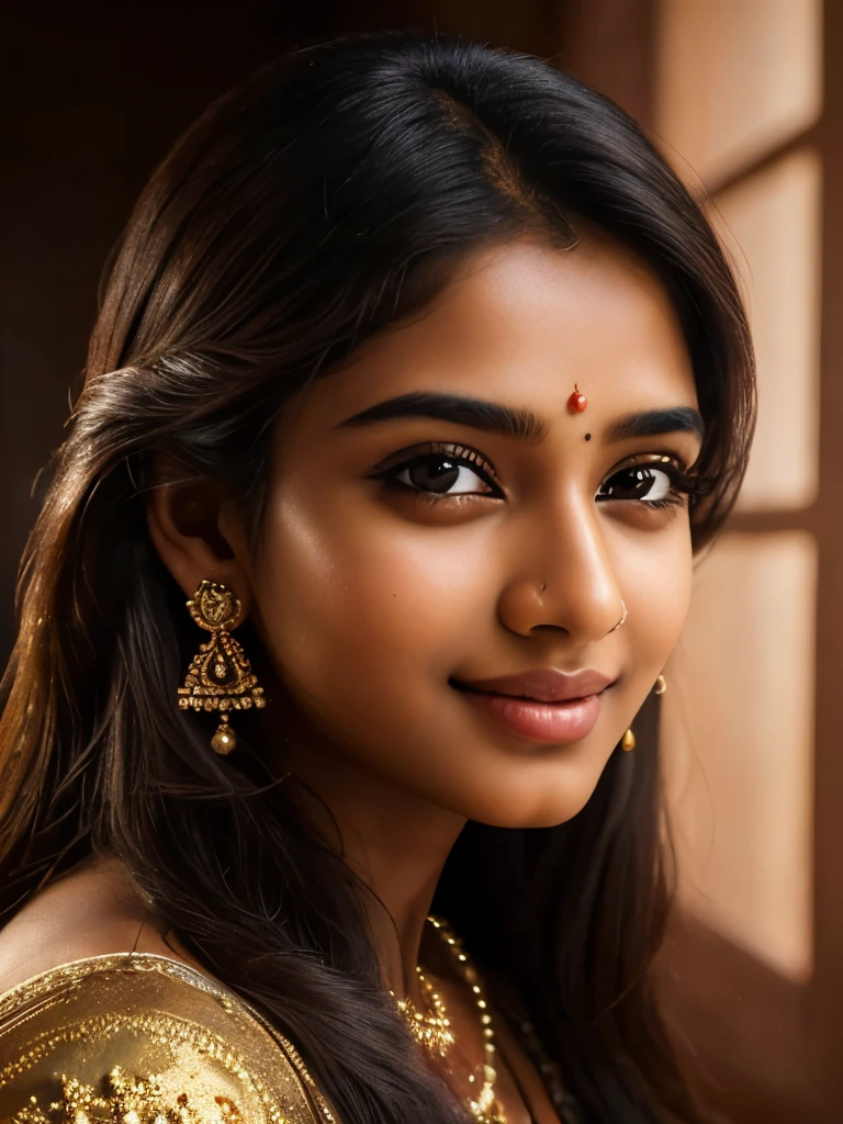 (high quality, masterpiece, HDR, 256K), (hyper-realistic, photorealism) 20 year old extremely beautiful Tamil girl, (intricate detailed extremely beautiful face, eyes, ears, nose, lips, textured skin), eyes symmetry, (bright smile)