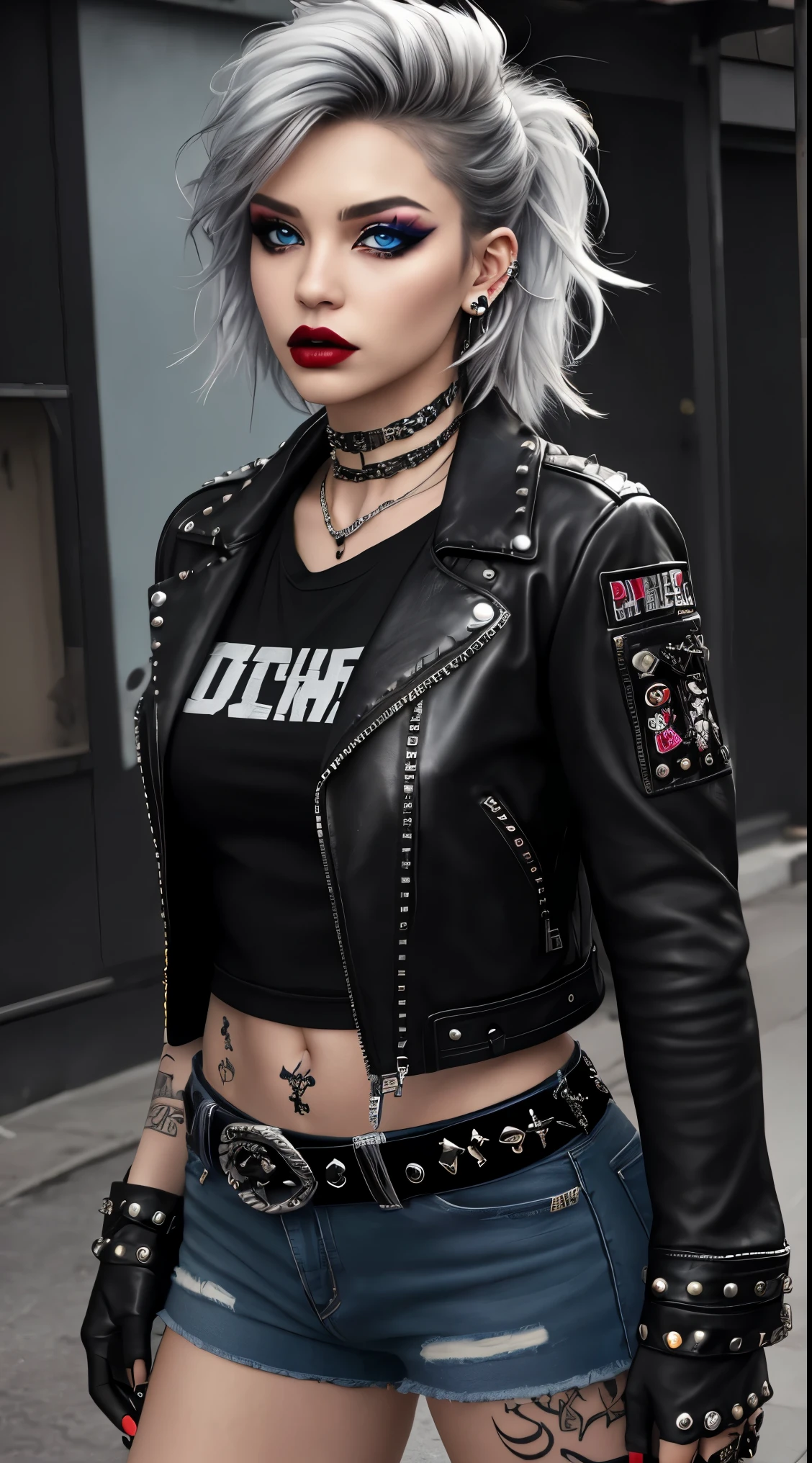 A rebellious and edgy girl with messy hairstyle, piercings, tattoos, silver studded nails, intricate designs, ear decorations, nose piercing, ripped jeans, leather jacket, band t-shirt, combat boots, chunky sneakers, studded belt, fingerless gloves, silver rings, rebellious aesthetic, (best quality,4k,8k,highres,masterpiece:1.2),ultra-detailed,(realistic,photorealistic,photo-realistic:1.37), HDR, vivid colors, punk rock style, edgy fashion, midnight black, fiery red, rebellious attitude, expressive eyes, punk rock makeup, urban street style.