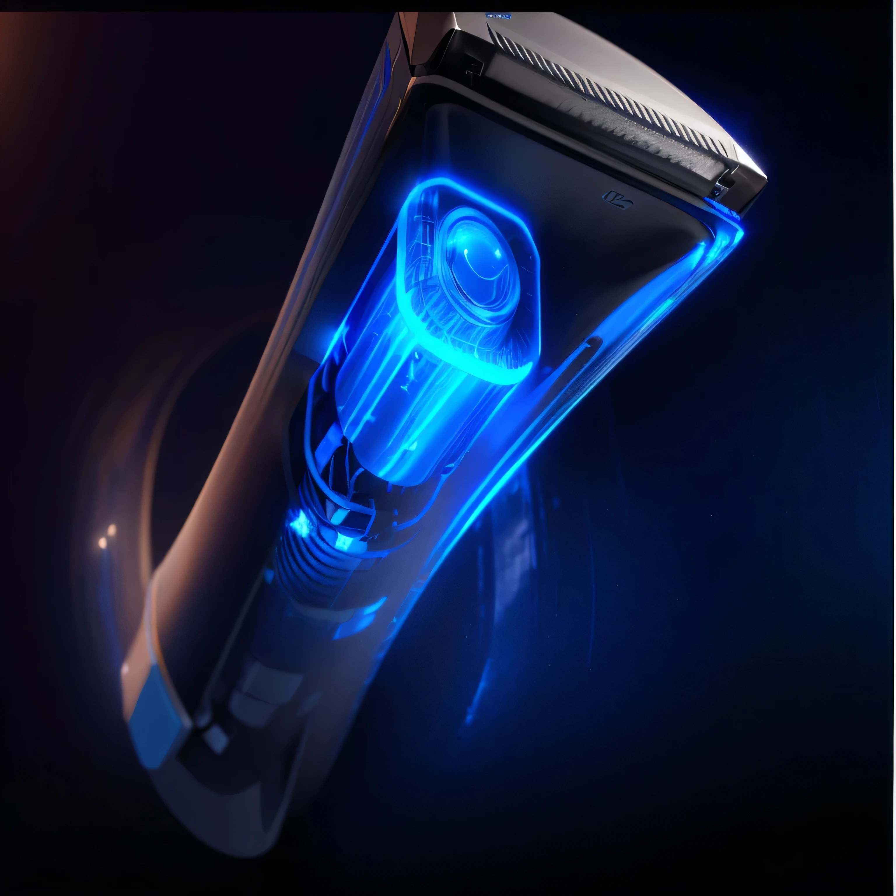 there is a blue light shining on a tube of toothpaste, smooth technology, body full glowing vacuum tubes, glass oled visor head, dramatic product lighting, bottom - view, concept art | dyson, detail shot, closeup shot, holographic display lenses, tech, bottom angle, rendered in keyshot, closeup portrait shot, crisp smooth lines, 3 d product render