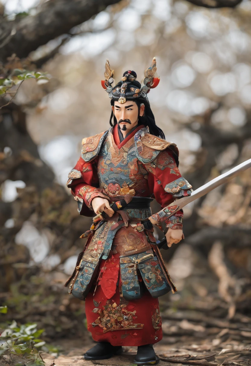 Chinese ancient warrior holding big sword in right han wearing gold amor, big hairy penis, spread legs, lower angle, peach forest, mist, soft lighting, mysterious