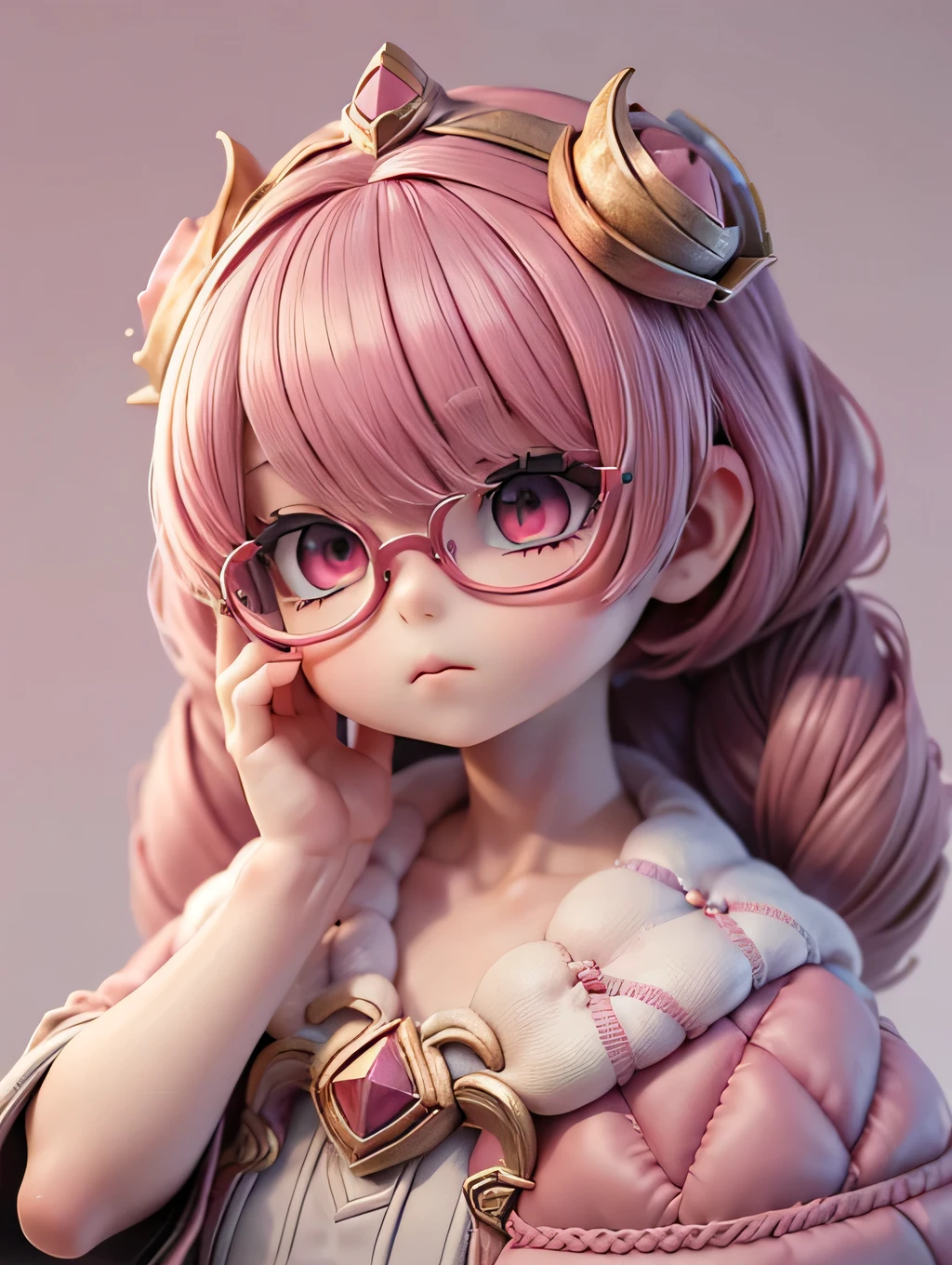 (limited palette), Best quality, (((Masterpiece))), (((Beautiful detailed hair))), (((beautiful detailed skin))), Solo, , Younger, , (((pink hair))), pink eyes, (mascara), Blunt bangs, ((Hair over eyes)), short hair, Medium breasts, Frilled white dress, White frills, Too much decoration, Rose, Noble, setia, The bride hair, (((Eye focus))), (((Expressionless))), The background is blurred out, Empty eyes, Blank eyes, (Red theme), bedroom background, view the viewer, (((hair tucking))), (((Night))), Semi-closed Eye,wears round glasses, Close-up, (((hair adornments))), Upright body, Neatly cut bangs, Braided hair at the back of your head, Sleeveless dress,