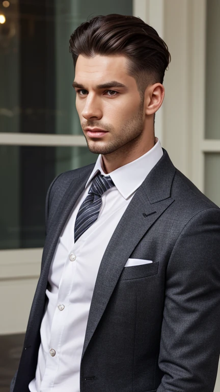 31 years old men, Name: Viktor Ivanov, Ethnicity: Caucasian (Russian), Skin Color: Pale white, Body Type: Tall and muscular, with a strong posture, Hair: Black with a few grey strands, neatly combed back, Eyes: Green, sharp and cold, Facial Structure: Square face with a strong jawline, thick eyebrows, and defined facial lines, Clothing Style: Often wears formal clothing such as expensive suits, reflecting his wealth