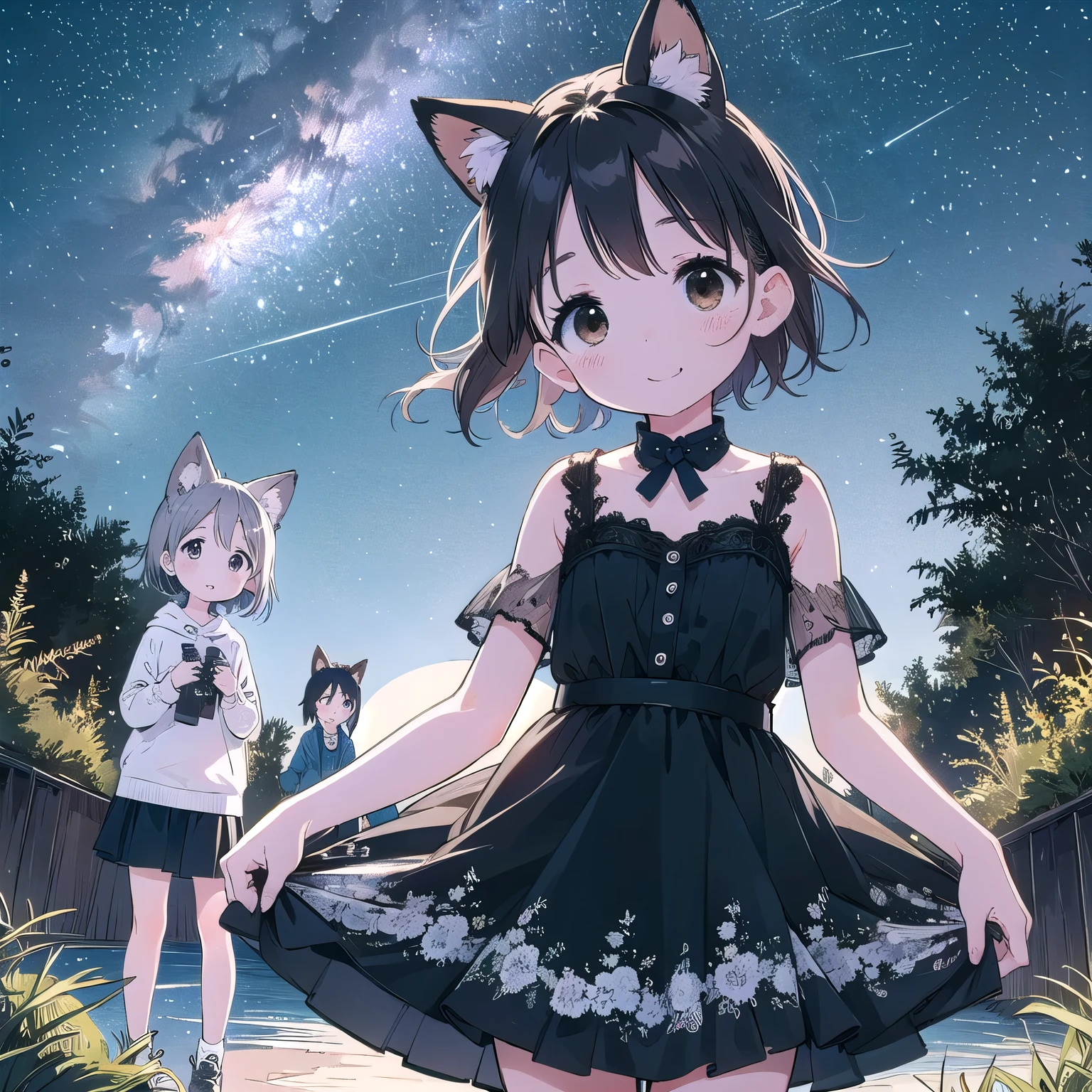 8-year-old、pretty girl、Fetish、Happy smile、shooting star、milky way、full moon、Beautiful background、Four Girls、Sexy Dress、Animal Ears、Black Hair、Brown eyes、Pointed Ears、Short Hair、Fox Ears、Animal Ears、