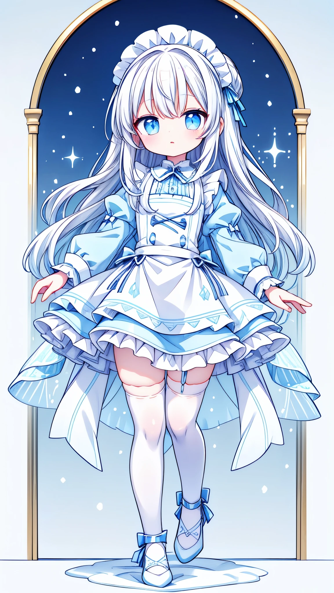 Long white hair,blue eyes,Light blue dress,Snow Scene,White knee socks(1.2),Maid costume,,