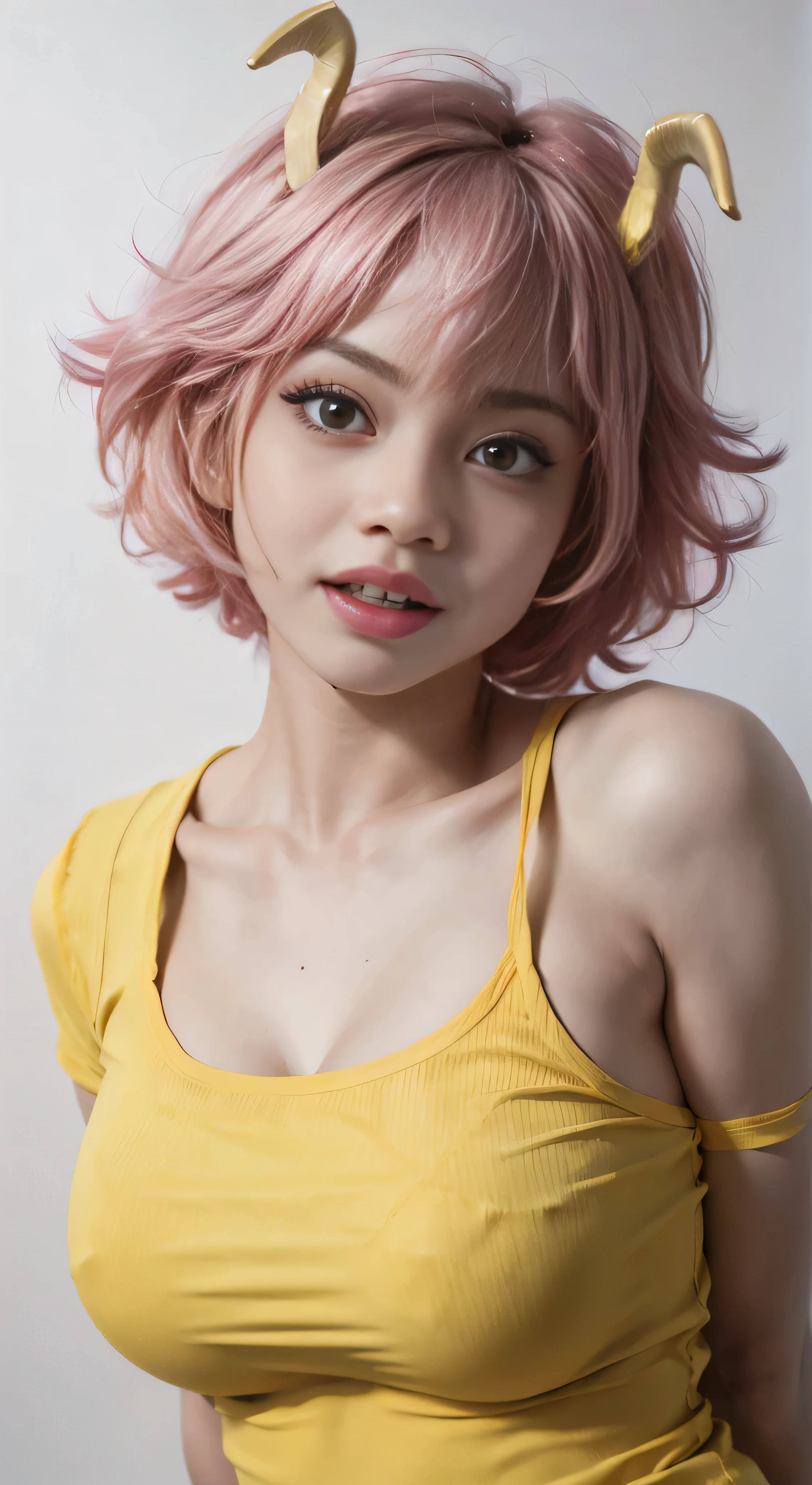 mina ashido, 1girl, solo, breasts, short hair, medium breasts, shirt, white background, collarbone, yellow eyes, upper body, pink hair, short sleeves, horns, teeth, colored skin, blue shirtteeth, happy, colored sclera, emphasis lines, black sclera, pink skin