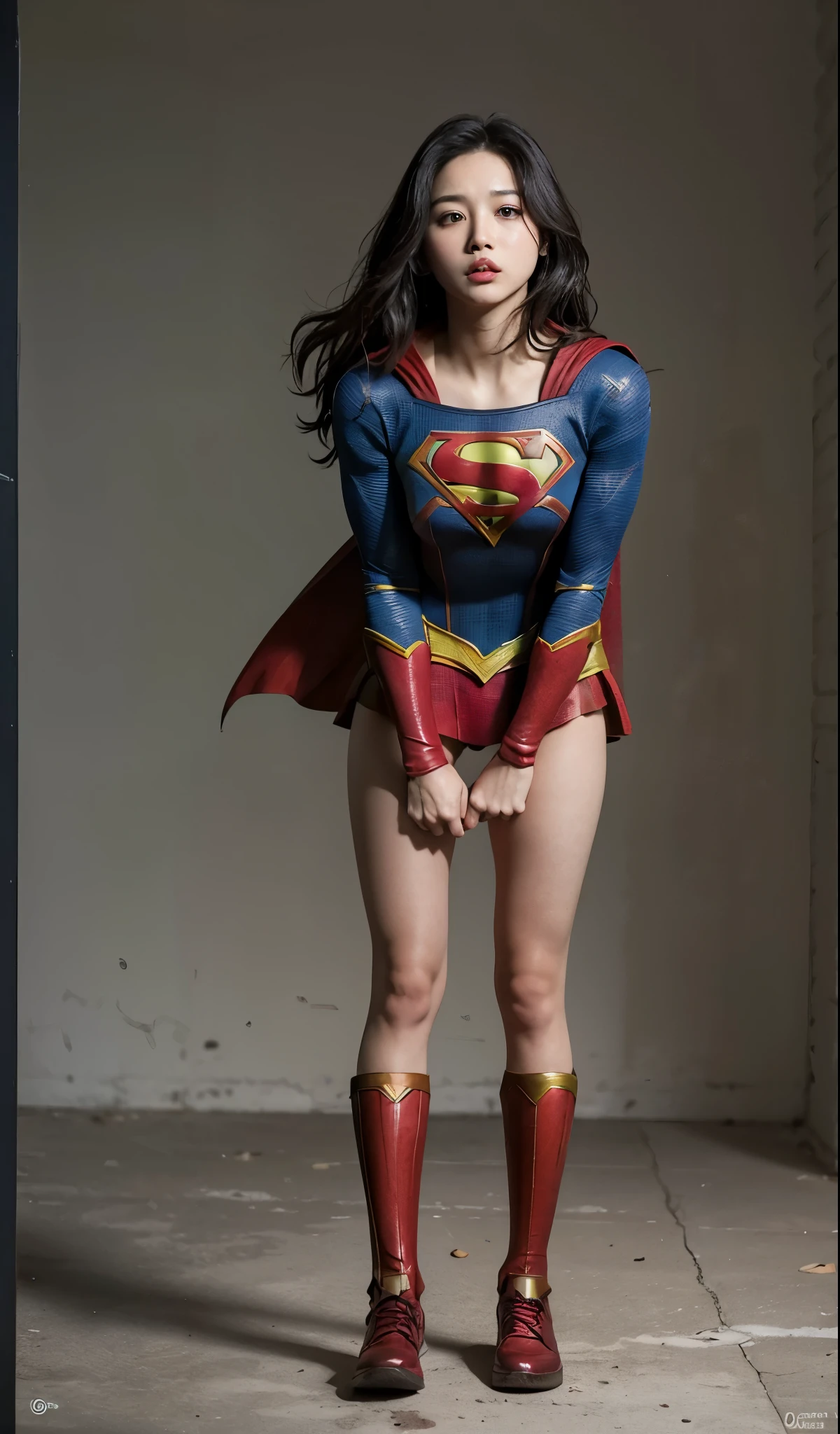 No background、(((Supergirl&#39;The costume was completely destroyed.、There are holes)))、((((close your eyes、The face has a sad expression))))、(((((bleeding from the body)))))、((((Fluid flowing from the mouth))))、((defeat、死んだスーパーヒロインSupergirl, weak position, stand on tiptoe、Hanging))、(((It always looks painful)))、(((Painful expression)))、(((shout)))、(((hands and arms Hanging forward)))、(((expression of suffering、Expressions of anguish)))、(((Beautiful legs in black tights.)))、(((sufferingの美しさを法的に表現する)))、((((Make the most of your original images)))、(((A destroyed Supergirl costume)))、(((Beautiful Hair)))、(((suffering)))、(((Beautiful legs need to wear black tight shoes, Wear red boots)))、((Best image quality、8k))、((highest quality、8k、masterpiece:1.3))、(((Preserve background )))、Sharp focus:1.2、Beautiful woman with perfect figure:1.4、Slim Abs:1.2、Wet body:1.5、Highly detailed face and skin texture、8k