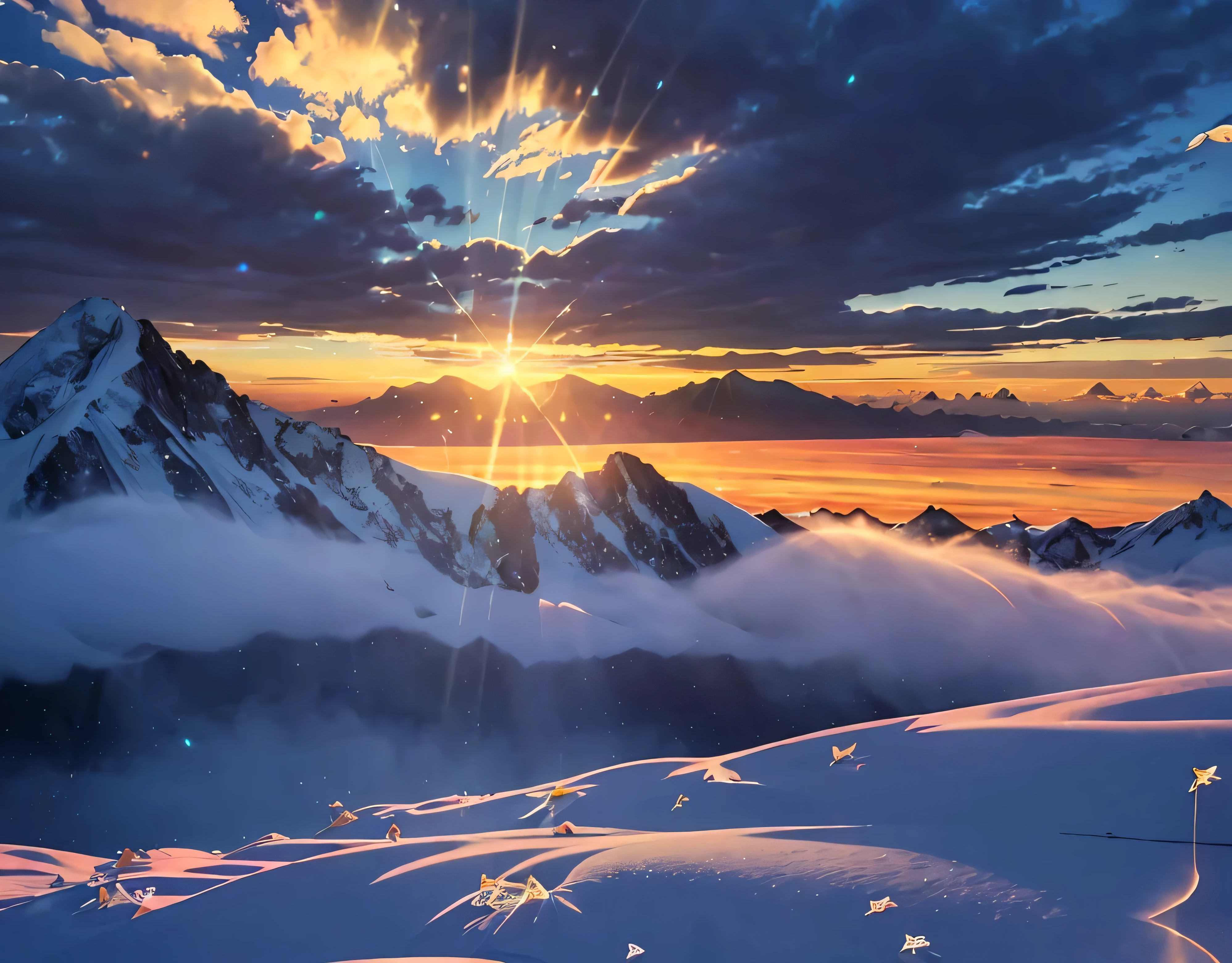 ((Diamond dust flutters:1.4)).Diamond dust sparkles、Rugged Mountain々、Mountain々The light reflected on the lake surface between、Seven photos with beautiful contrasts of light、Magnificent sea of clouds、wood々、The mountain was covered with snow々、sunny、Lots of lens flares、The morning sun shines brightly、The morning sun shines brightly、(Ultra-realistic:1.2), High resolution, (Bright colors, High resolution:1.1), (Sharp focus:1.1), (Physically Based Rendering:1.1), Tyndall effect, Colorful lights, (((Light shines through the gaps in the clouds))), Beautiful perspective, Contrasting Shadows, Moving configuration, Realistic landscape, unique configuration, Soft texture, Intricate details, Mysterious atmosphere, An artistic exploration of light and shadow,Golden dazzling light、A world view that captivates all who see it、The world of nature、Altitude 4000m