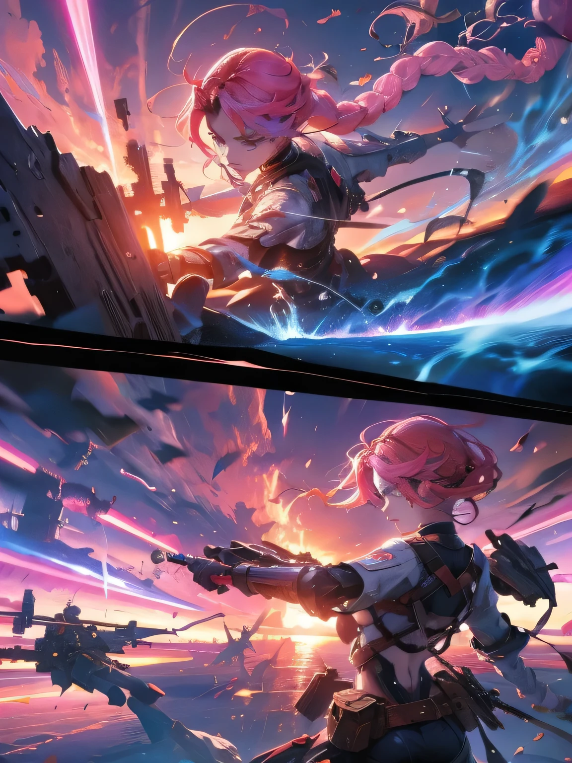 war,Machinery of the future,Two people fighting,Pink Gradient Braids,Future atmosphere