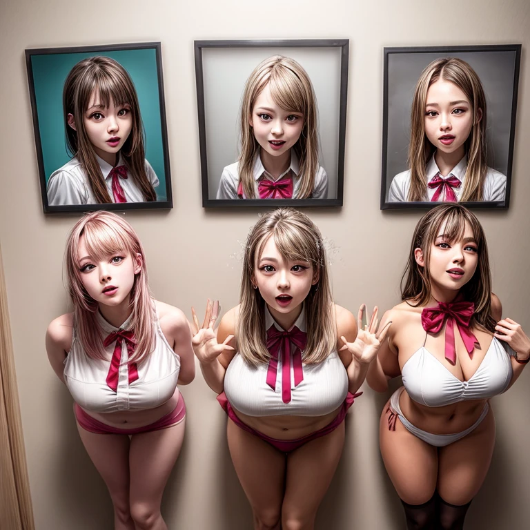 (Assfocus, Through wall, Glory wall pose:1.2), SchoolGirls wearing uniforms with white Thongs, Red ribbon, Glistening ivory skin, name plate, no legwear . Different types of hair colors, (((NOGIZAKA face variations)))  Extremely Detailed very KAWAII face variations, perfect anatomy, Childish, captivating gaze, elaborate detailed Eyes with (sparkling highlights:1.2), long eyelashes、Glossy RED Lips with beautiful details, Coquettish tongue, Rosy cheeks . { (Dynamic joyful expressions) | :d) }, Random eye color, (large eyes:-1), (Acutance:0.85) . (((Assfocus)))