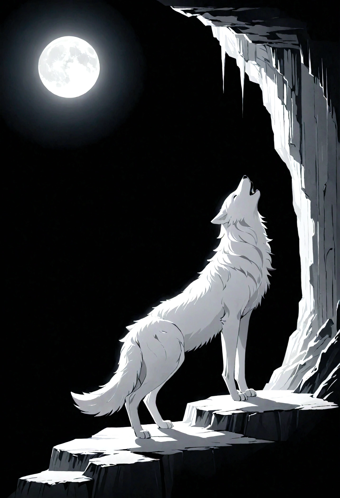 White silhouette design of a single wolf，Silhouette on the edge of a cliff，Wolf howl：1.5，Black Background，Beautiful silhouette，Biologically correct