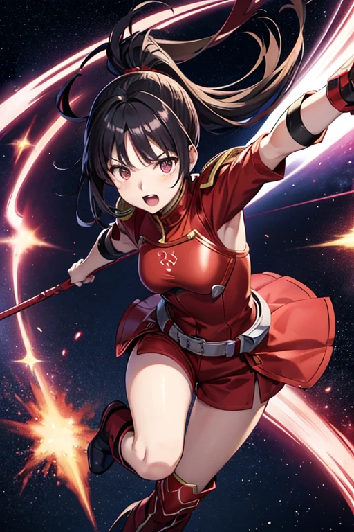 Anime drawings、Full body portrait、Red Infantry of Space SF、A woman around 17 years old, about 155cm tall, wearing red armor and shorts, charging with a long spear、Bullish expression、Open mouth and screaming、Hairstyle: short ponytail、Black Hair、Dark Eyes、Short boots