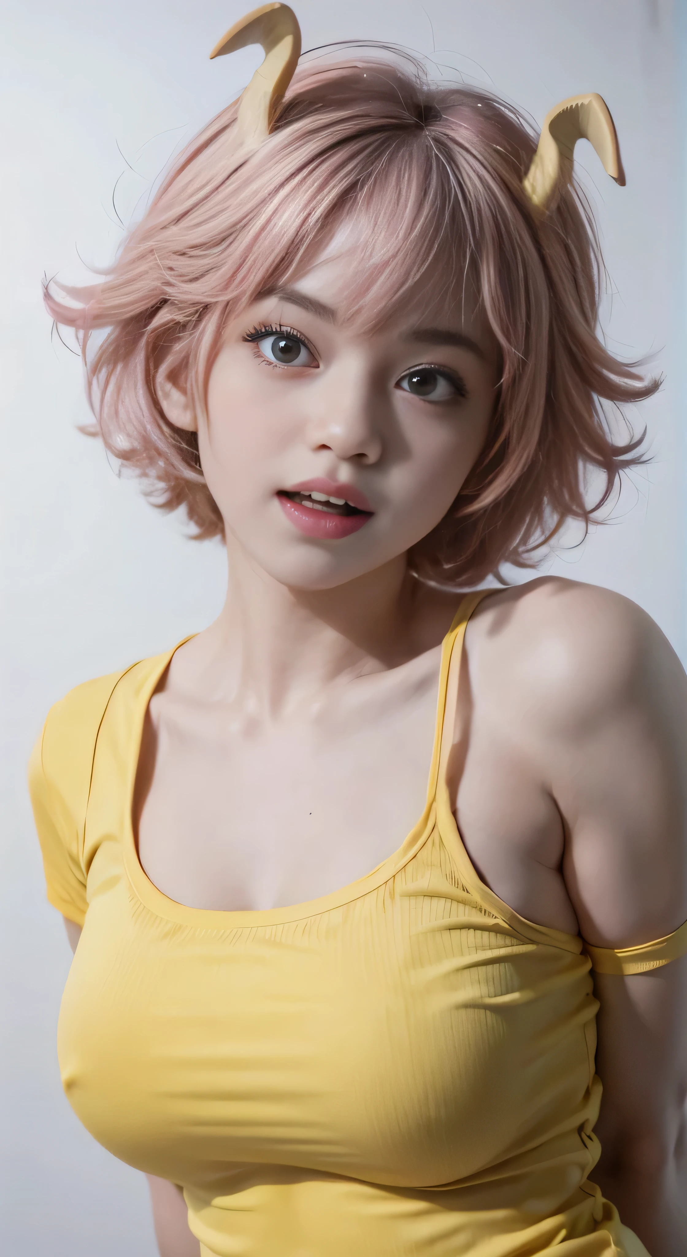 mina ashido, 1girl, solo, breasts, short hair, medium breasts, shirt, white background, collarbone, yellow eyes, upper body, pink hair, short sleeves, horns, teeth, colored skin, blue shirtteeth, happy, colored sclera, emphasis lines, black sclera, pink skin