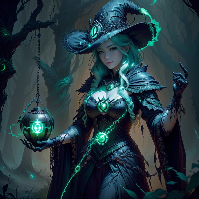 The witch in the forest with her old grandmother，With a glowing green lantern, dark Fantasy style art, Dark Fantasy Artwork, 2. 5D CGI anime fantasy artwork, dark fantasy illustration, Dark Fantasy Art, detailed Digital 2D fantasy art, in style of Dark Fantasy Art, Digital 2D fantasy art, Jeff Easley 和 Ross Tran, Fantasy style art, gothic fantasy art