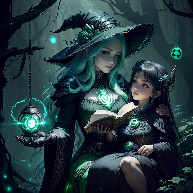 The witch in the forest with her old grandmother，With a glowing green lantern, dark Fantasy style art, Dark Fantasy Artwork, 2. 5D CGI anime fantasy artwork, dark fantasy illustration, Dark Fantasy Art, detailed Digital 2D fantasy art, in style of Dark Fantasy Art, Digital 2D fantasy art, Jeff Easley 和 Ross Tran, Fantasy style art, gothic fantasy art