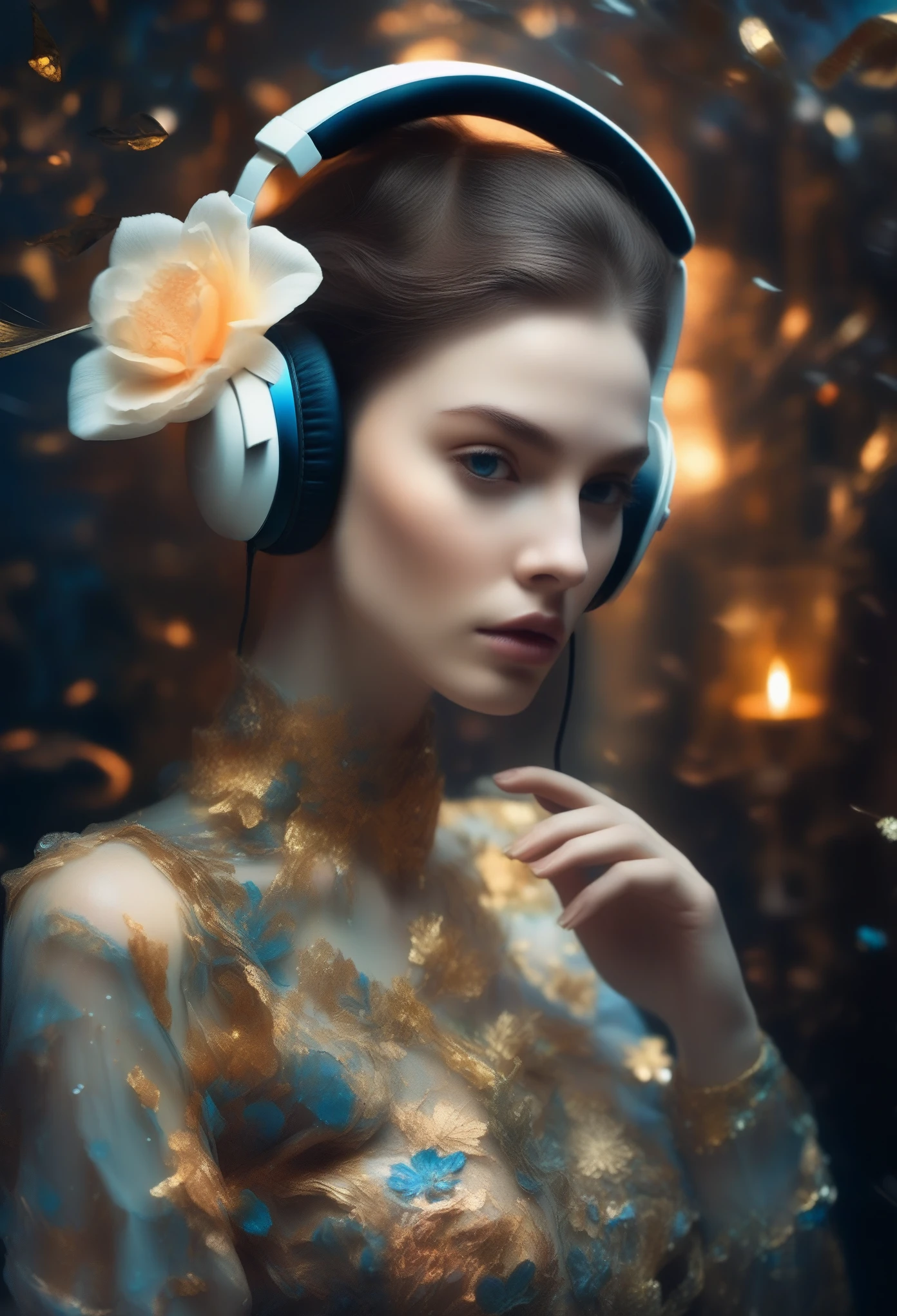 Surreal pictures, visually striking photo art, strange, slightly unsettling, hyper-detailed, 8k, A dark, moody portrait A woman with a pale, porcelain-like face wearing headphones and a black floral blouse, in the style of Dmitry Kustanovich, with delicate modeling, photobashing, and Felicia Simion's artistic influence, presented in an ultra-high definition, sharp focus image with a glittery and shiny aesthetic, dynamic pose, and cinematic lighting.