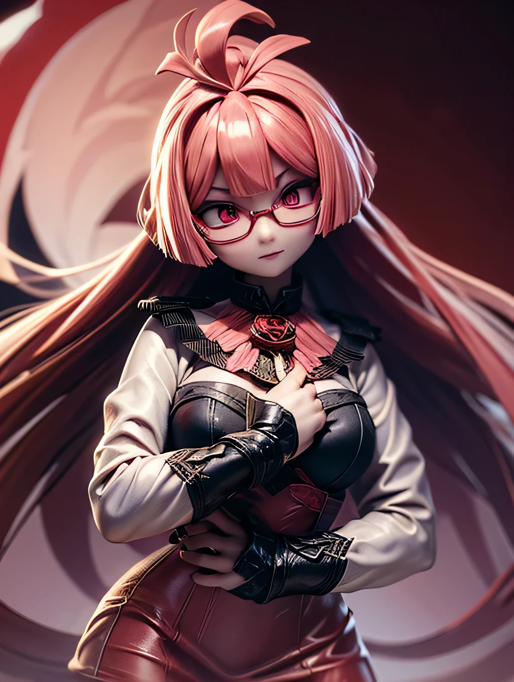 (limited palette), Best quality, (((Masterpiece))), (((Beautiful detailed hair))), (((beautiful detailed skin))), Solo, , Younger, , (((pink hair))), pink eyes, (mascara), Blunt bangs, ((Hair over eyes)), short hair, Medium breasts, Frilled white dress, White frills, Too much decoration, Rose, Noble, setia, The bride hair, (((Eye focus))), (((Expressionless))), The background is blurred out, Empty eyes, Blank eyes, (Red theme), bedroom background, view the viewer, (((hair tucking))), (((Night))), Semi-closed Eye,wears round glasses, Close-up, (((hair adornments))), Upright body, Neatly cut bangs, Braided hair at the back of your head, Sleeveless dress,