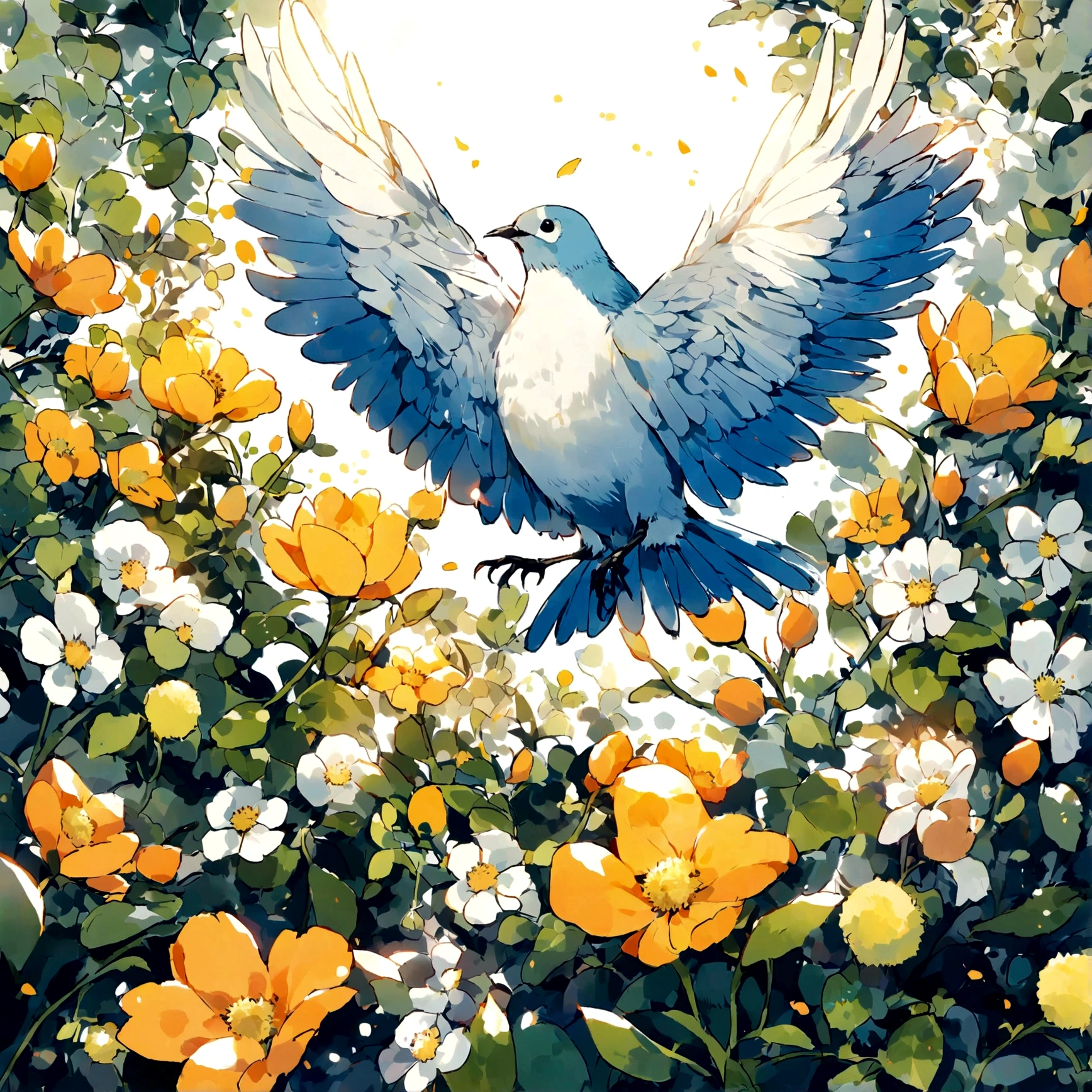 Birds stay in the flowers,Get pollen