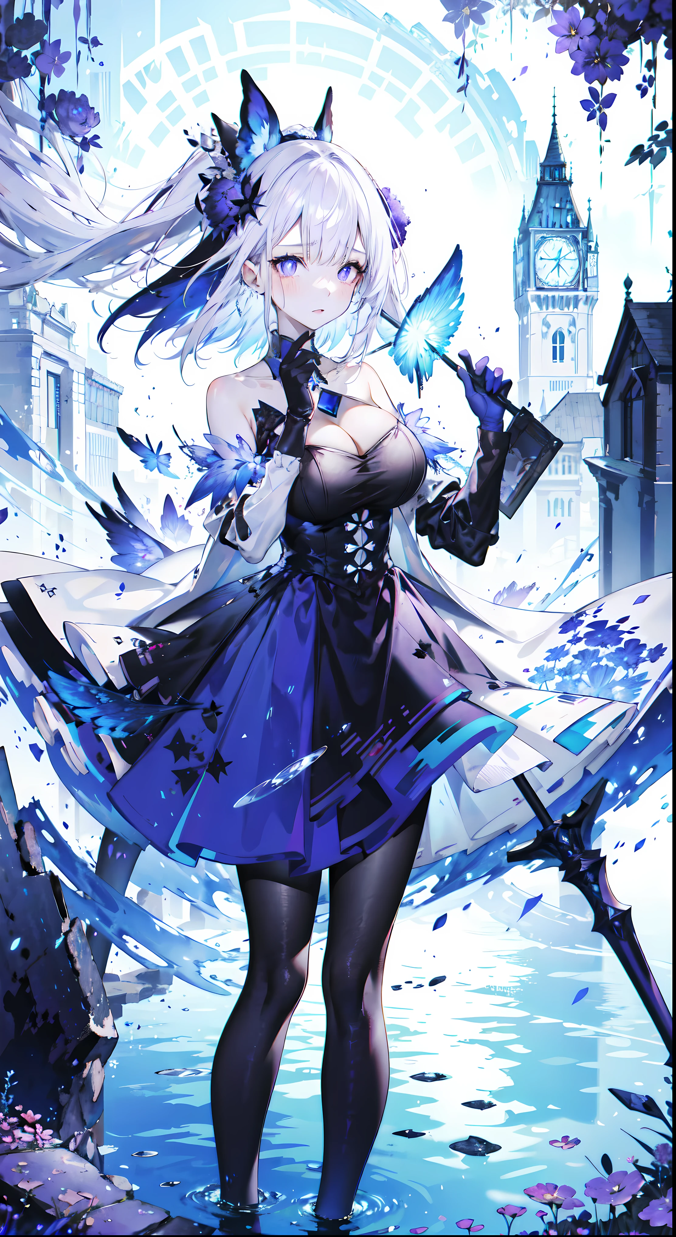 ((masterpiece:1.4,best quality)),(Super detailed),(Extremely detailed eyes),(black leggings,Shiny socks:1.5),Hello Darkness
(Cute girls),15 years old,(Blood-red pupils,Diamond-shaped pupil:1.15),Purple Eyeshadow,(elongated hair,Thick hair,Single ponytail,shiny hair:1.5)(Changes through:1.2),White skin,despair,sad,Empty eyes,tears streaming down my face,tilting its head to the side,kneel
(She wears blue armor,A blue dress,:1.5),(Black gloves:1.4)Very long plush sleeves,White,White Cloud,Dream bubbles ,Ice and glitter effects
(Black long skirt:1.1),
(dawn:1.2),
(Intense black and white:1.16),(Depth of Field:1.4),,Intricate details,(Castle in the Sky,Standing by the lake,Purple flowers by the lake),(((Huge breasts,Bare breasts,Deep cleavage)))