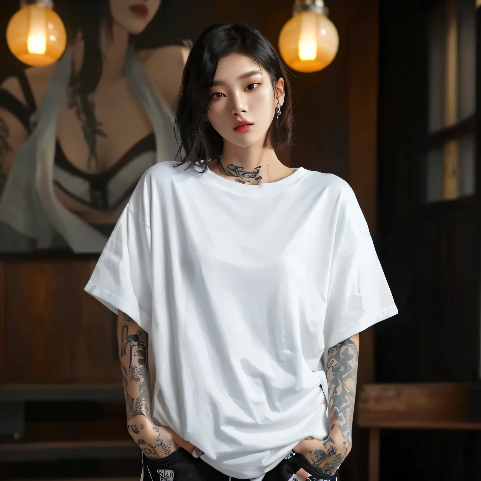 arafed woman with tattoos standing in front of a painting, dressed in a white t shirt, photograph of a techwear woman, outlive streetwear collection, casual clothing style, portrait shot, korean women's fashion model, korean woman, woman in streetwear, dressed in a white t-shirt, taejune kim, korean artist, large portrait, high quality portrait