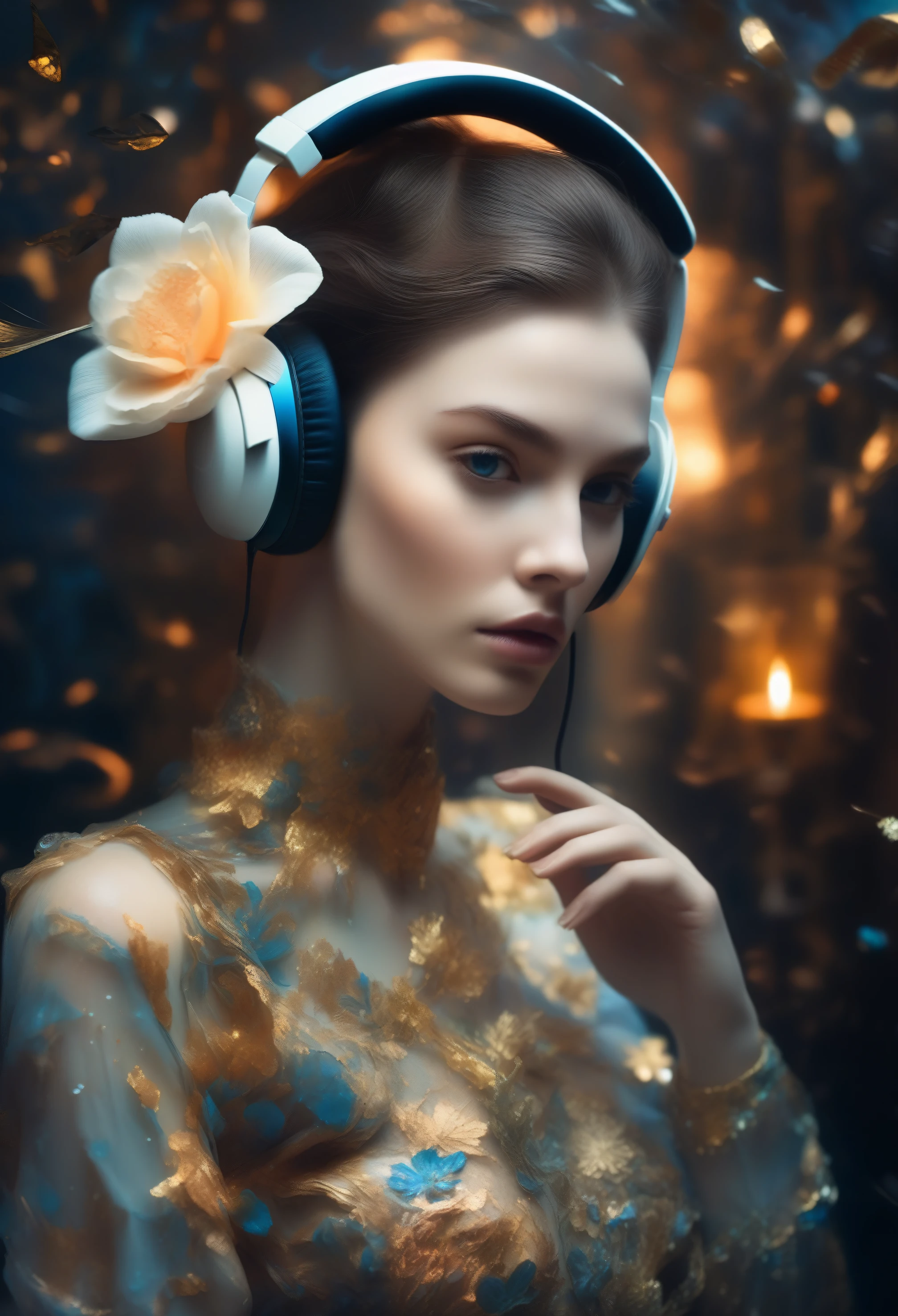 Surreal pictures, visually striking photo art, strange, slightly unsettling, hyper-detailed, 8k, A dark, moody portrait A woman with a pale, porcelain-like face wearing headphones and a black floral blouse, in the style of Dmitry Kustanovich, with delicate modeling, photobashing, and Felicia Simion's artistic influence, presented in an ultra-high definition, sharp focus image with a glittery and shiny aesthetic, dynamic pose, and cinematic lighting.