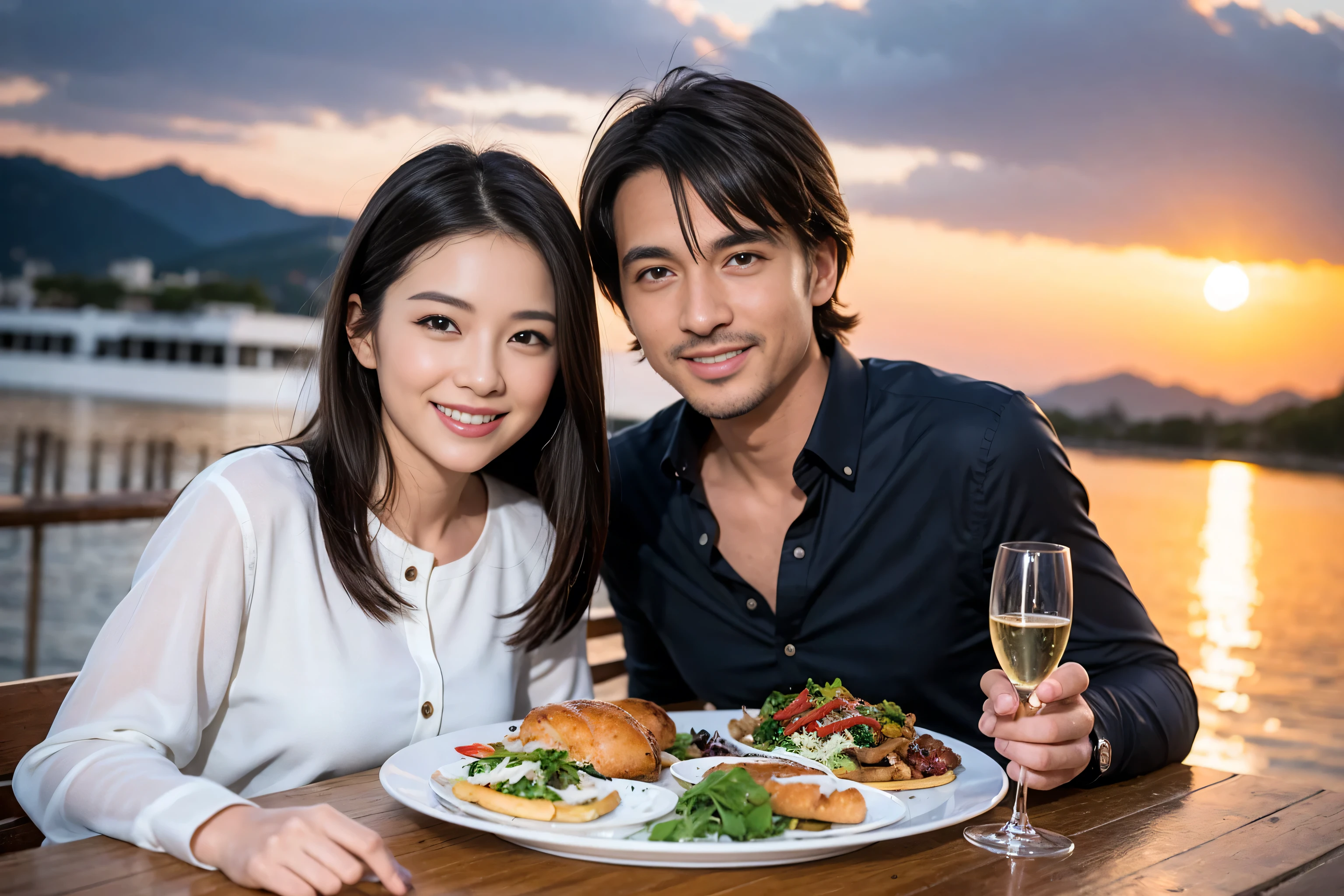 ((highest quality、8k、masterpiece:1.3))、1 male 1 female、Lovers、beautiful couple、Japanese couple、Happy Smile、 (Slim face), (The body is スリム), (Brown Hair), (Shortcuts), ((Bob Hale、Straight hair:1.2)), Wine glass on the table、Please put light on my face、 Amazing view of the sunset sky and clouds、Amazing mountain views、The wonderfulness of smiles、Bright image、Blushing, Shortcuts,Bright Face、 (42 years old), 39 years old, red wine 、Appetizers、Italian food、Wine bottle、Champagne、sparkling wine、Long sleeve shirt、dress、Attractive beauty、restaurant, Nova Frog Style, actress, model, Upper Body, White wine, red wine, wine glass,