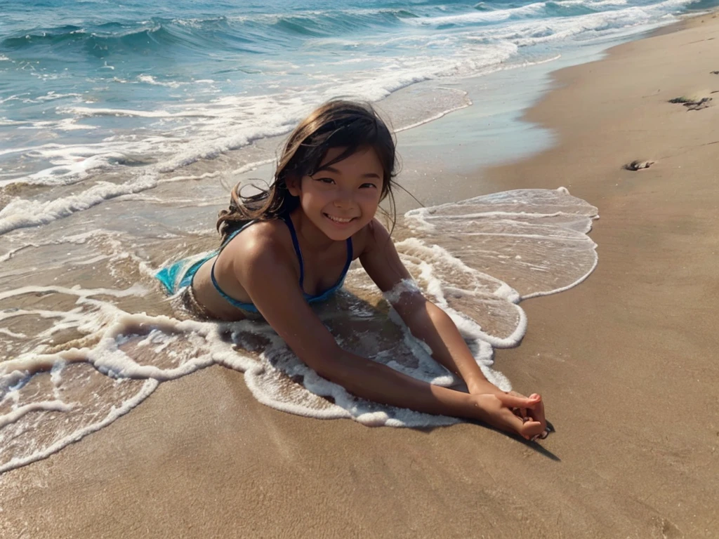 The girl slowly sinks onto the sand, letting the waves touch the tips of her toes. Her face lights up with a peaceful smile, as if she is enjoying this moment of complete harmony with nature.