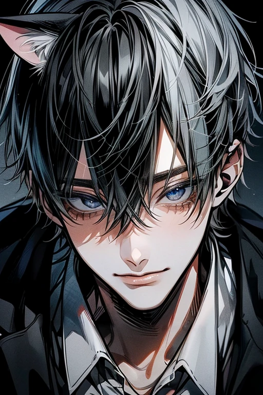 (masterpiece), (Highestクォリティ), Very detailed, ((Two men:1.5)), Perfect Face, Beautiful Face, Very detailedな顔,(Black-haired man:1.3),(Grey-haired man:1.3)、Cat ear、shirt、Highest、