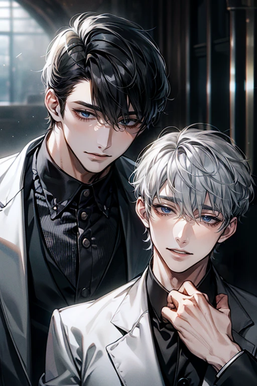 (masterpiece), (highest quality), Very detailed, ((Two men:1.5)), Perfect Face, Beautiful Face, Very detailedな顔,(Black-haired man:1.3),(Grey-haired man:1.3),suit,shirt,smile
