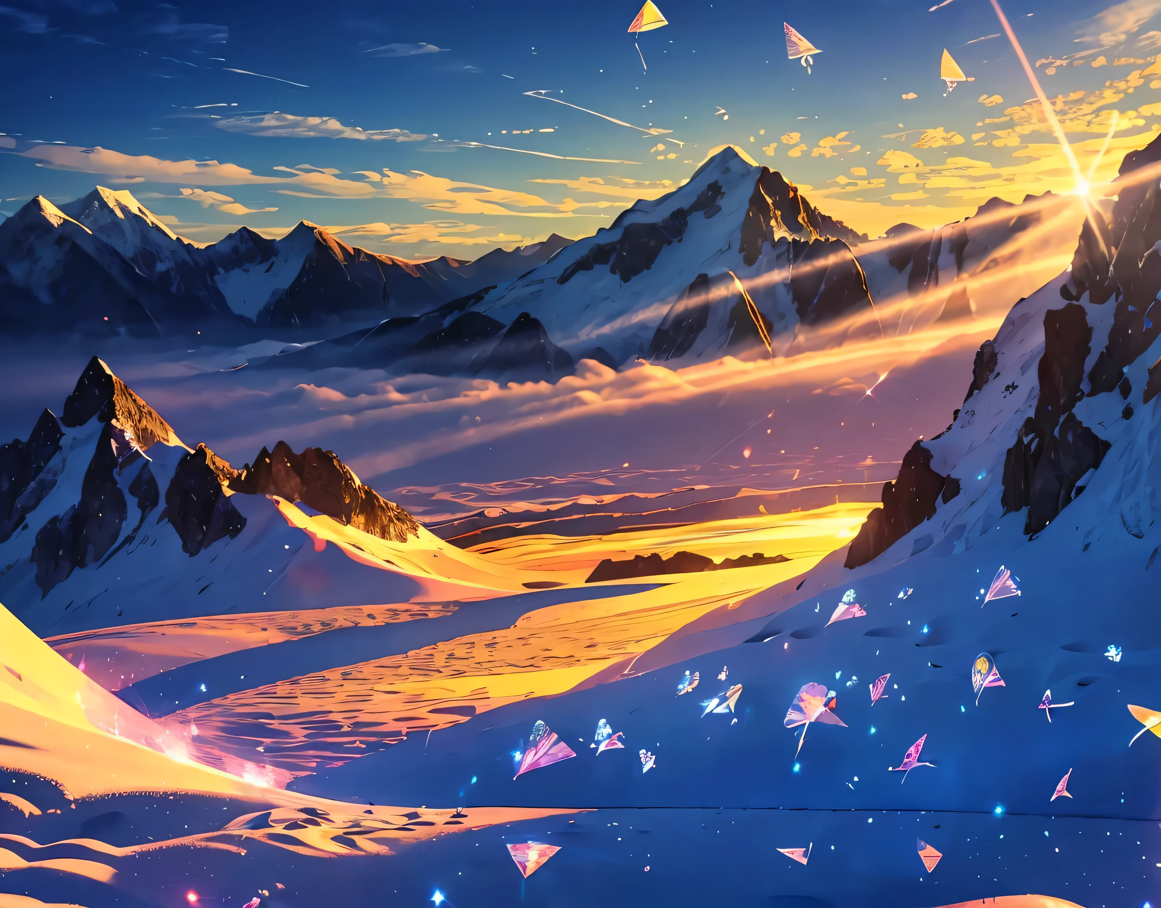 ((Diamond dust flutters:1.4)).Diamond dust sparkles、Rugged Mountain々、Mountain々The light reflected on the lake surface between、Seven photos with beautiful contrasts of light、Magnificent sea of clouds、The mountain was covered with snow々、sunny、Lots of lens flares、The morning sun shines brightly、The morning sun shines brightly、(Ultra-realistic:1.2), High resolution, (Bright colors, High resolution:1.1), (Sharp focus:1.1), (Physically Based Rendering:1.1), Tyndall effect, Colorful lights, (((Light shines through the gaps in the clouds))), Beautiful perspective, Contrasting Shadows, Moving configuration, Realistic landscape, unique configuration, Soft texture, Intricate details, Mysterious atmosphere, An artistic exploration of light and shadow,Golden dazzling light、A world view that captivates all who see it、The world of nature、Altitude 4000m