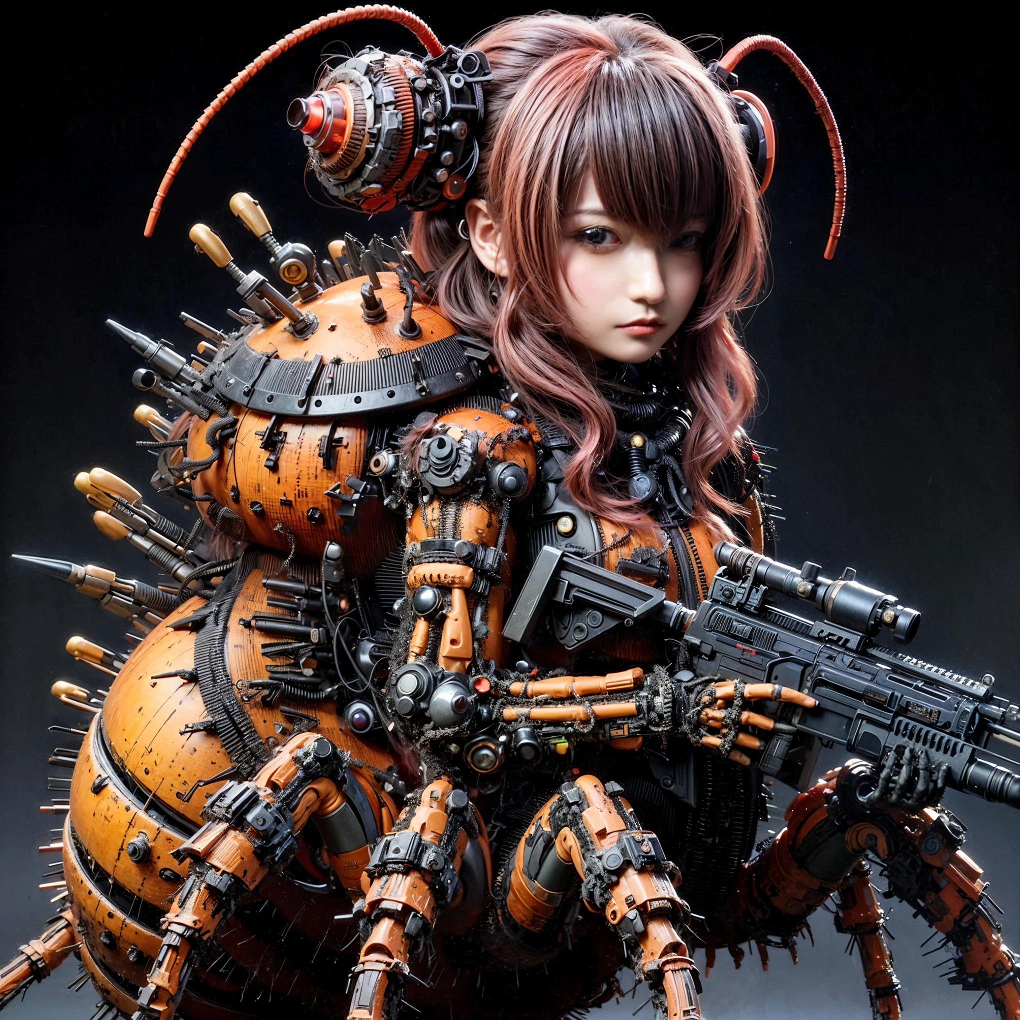 (top-quality:1.2, masterpiece), ultra high res,(Photorealsitic:1.4), (scorpion-like bio animal suit:1.3), heavy weapons,large wings, vivid textures,insect legs, red  hair, glowy skin, fur,japanese girl beautiful face,  ((super realistic intricate details)), full body shot, globalillumination, octan render, ultrasharp, character edge light, Details of complex ornaments, Acrylic Clear Cover, Hydraulic cylinder