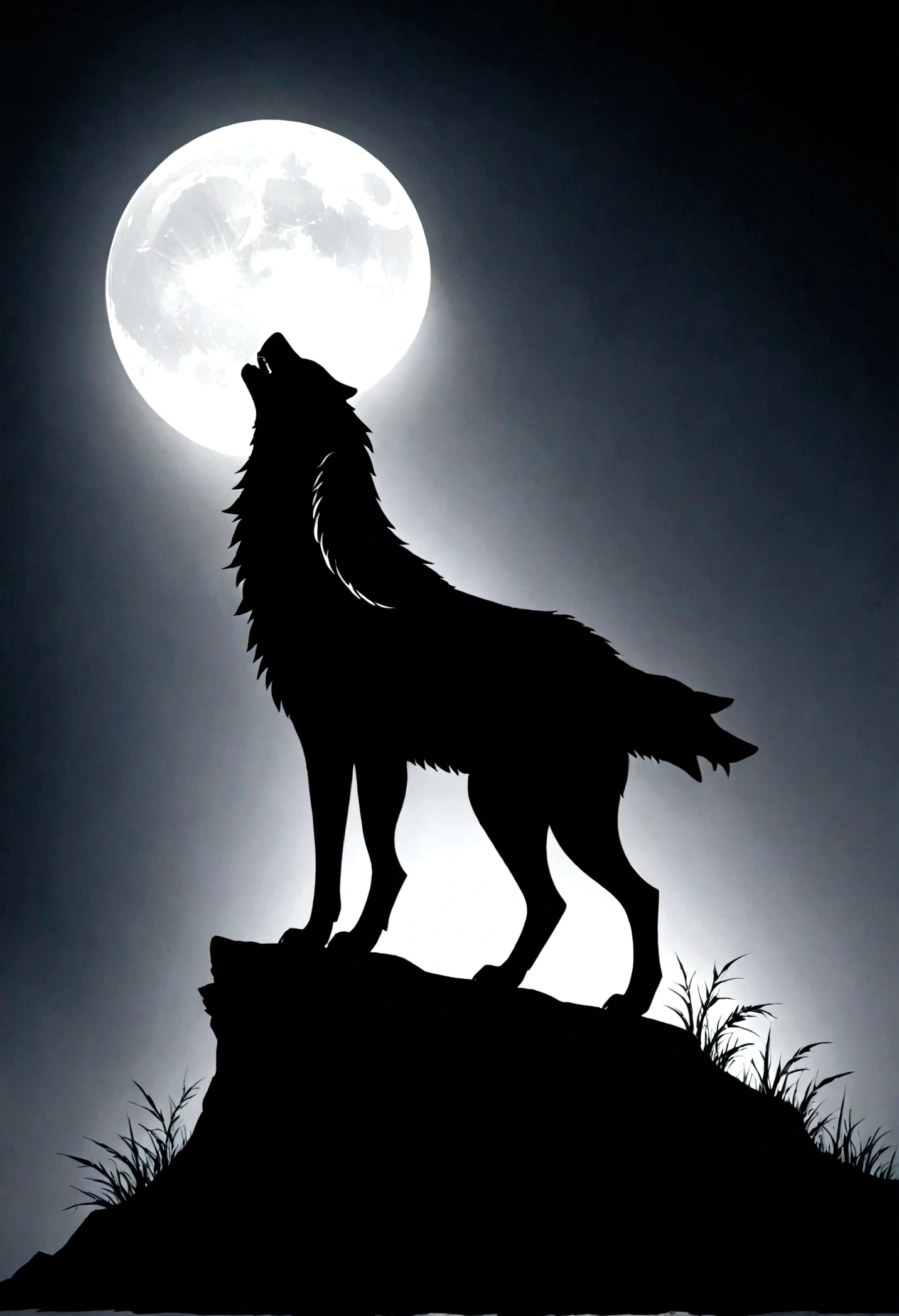 White silhouette design of a single wolf,Silhouette on the edge of a cliff,Wolf howl:1.5,Black Background,Beautiful silhouette,Biologically correct