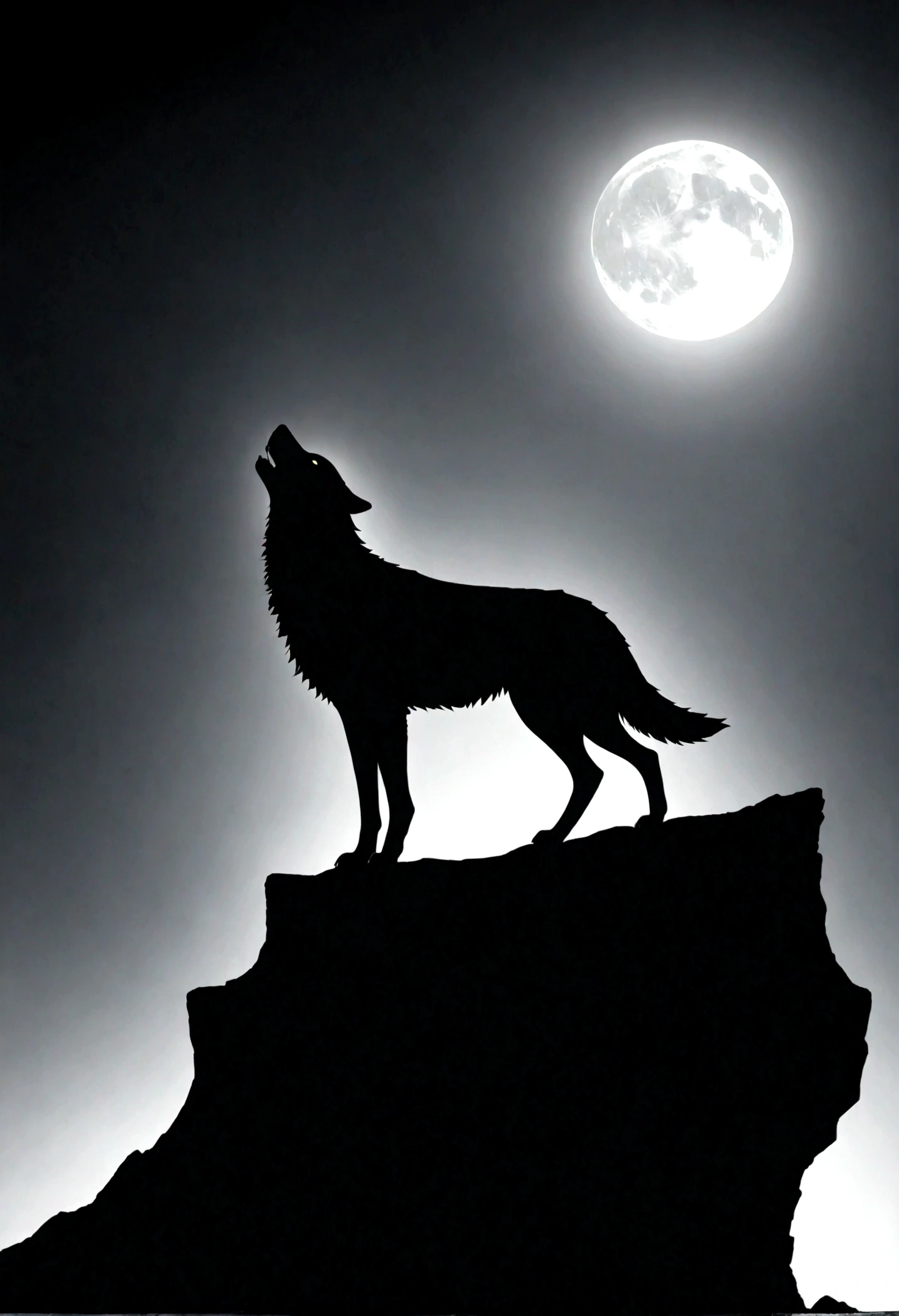 White silhouette design of a single wolf,Silhouette on the edge of a cliff,Wolf howl:1.5,Black Background,Beautiful silhouette,Biologically correct