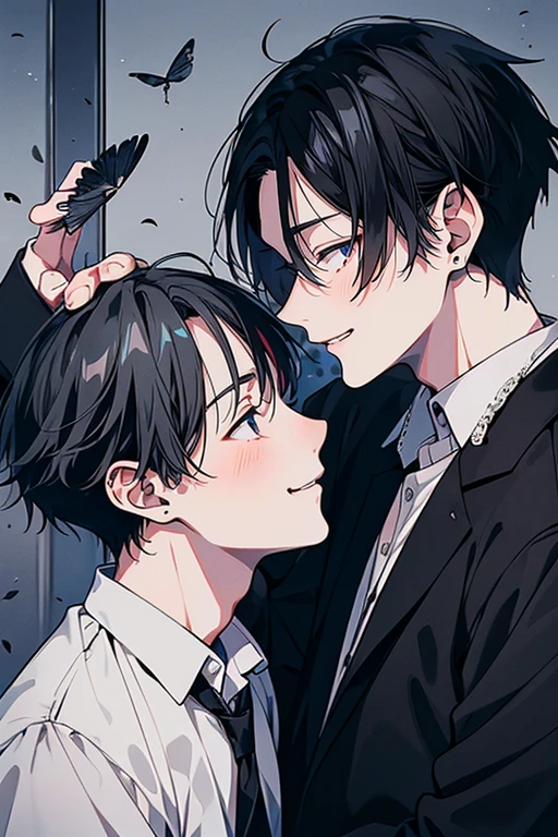 (Pieces fly), (highest quality), Very detailed, ((Two men become intimate)), Perfect Face, Beautiful Face, Very detailed顔,(Black Haired Man:1.3),(Grey-haired man:1.3),suit,shirt,smile