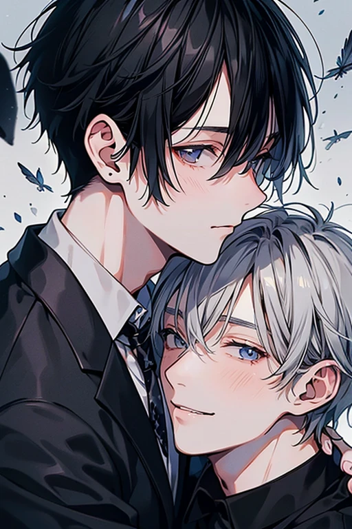 (Pieces fly), (highest quality), Very detailed, ((Two men become intimate)), Perfect Face, Beautiful Face, Very detailed顔，(Black Haired Man:1.3)，(Grey-haired man:1.3)，suit，shirt，smile
