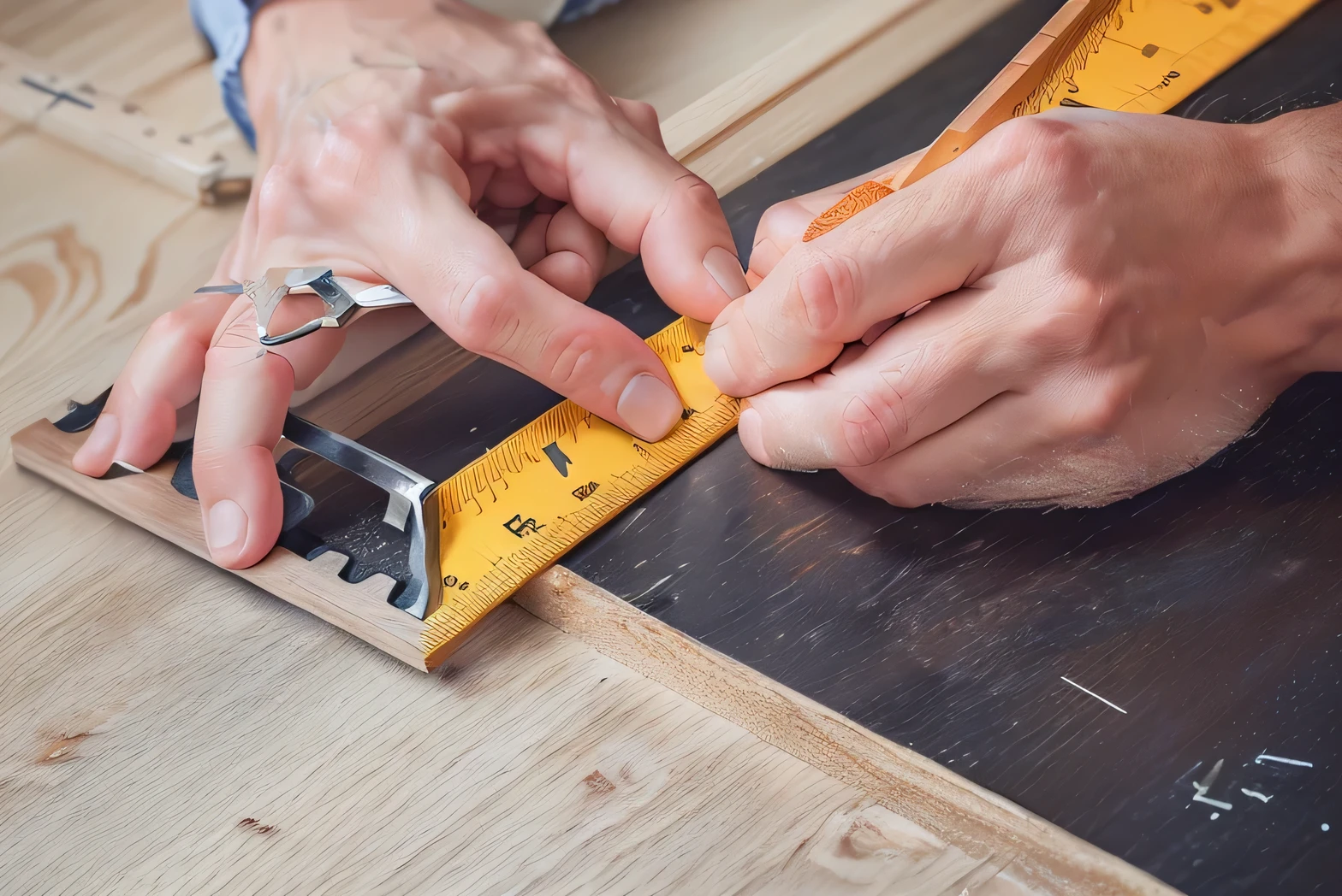 Someone is measuring a piece of wood with a ruler, a carpenter, Technology, Marking, High-quality photos, Very accurate photos, Professional work, Professional detail photos, main course, with watermark, leaked images, calculated, high quality drawing, Filling the frame, Professional artwork, photography, Hand Painted, Detailed professional photos, On a wooden table