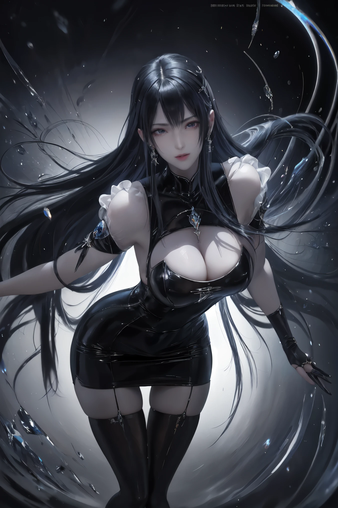8k, masterpiece, bset quality, girl in tight black dress luxury, glossy, y girl fantasy anime artwork, fantasy anime illustration, 8k badass anime, anime art wallpaper 4k, 4k anime art wallpaper, 2.5 d cgi fantasy anime artwork, 8k anime art wallpaper, detailed digital anime art, beautiful fantasy anime, epic anime artwork , 4k anime wallpapers, detailed anime artwork, sexseductive, giant, women, anime style, best quality, extremely detailed, best silhouette), (details) font background, dark fantasy), (beautiful detailed face), high contrast, (best lighting details, extremely delicate and beautiful), ((cinematic lights)), colorful, super detailed, dramatic lighting, intricate details, (1 girl, solo, sharp face,...dark blue hair, super long hair, thick tifa-style bangs, long eyelashes, dynamic angles) , black light swirling around the character, depth of field, black light particles, wearing a luxurious, noble tight dress, tight, stockings, water effect, magic effect