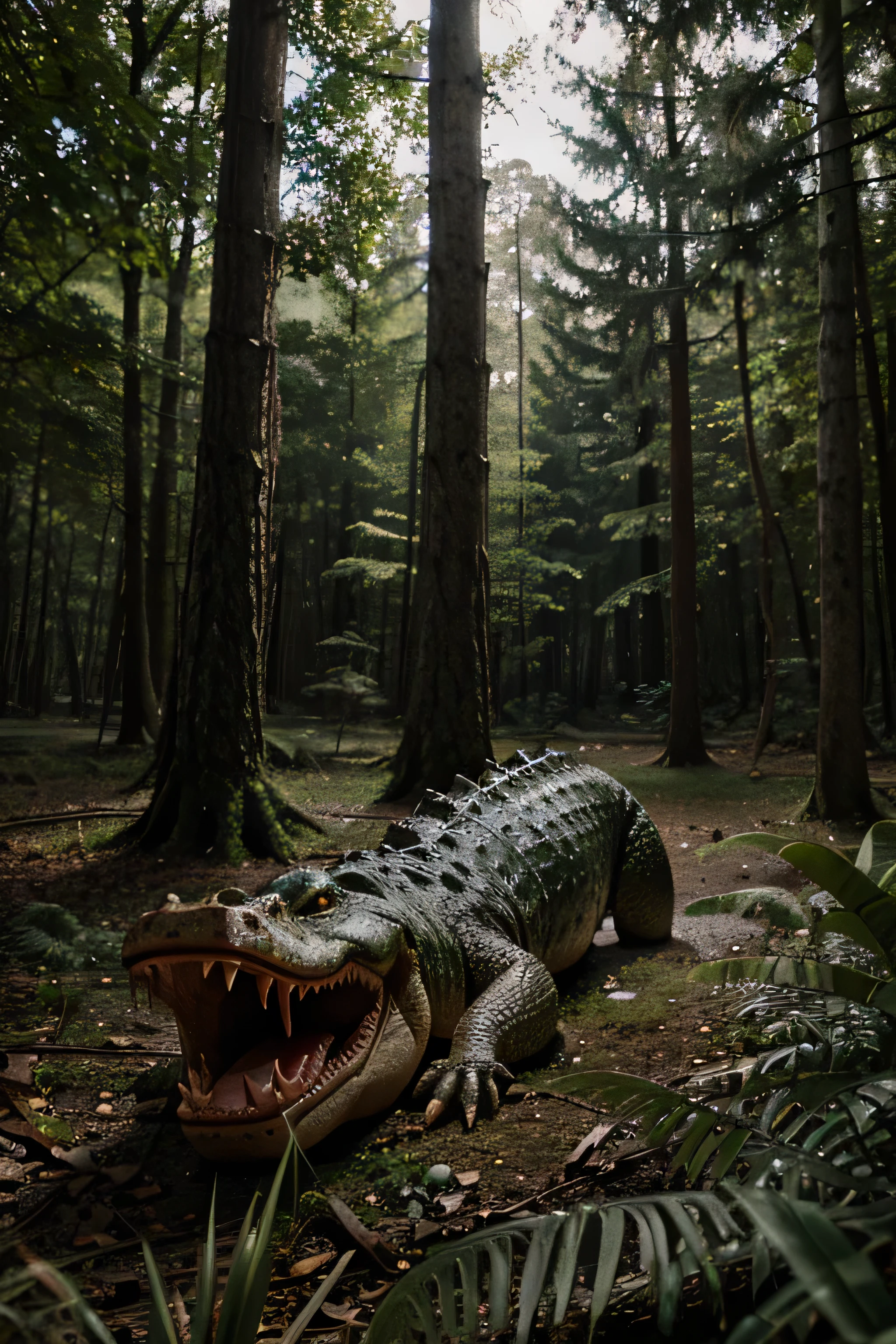 crocodile green esmerald, big tooths and blood, on the forest.