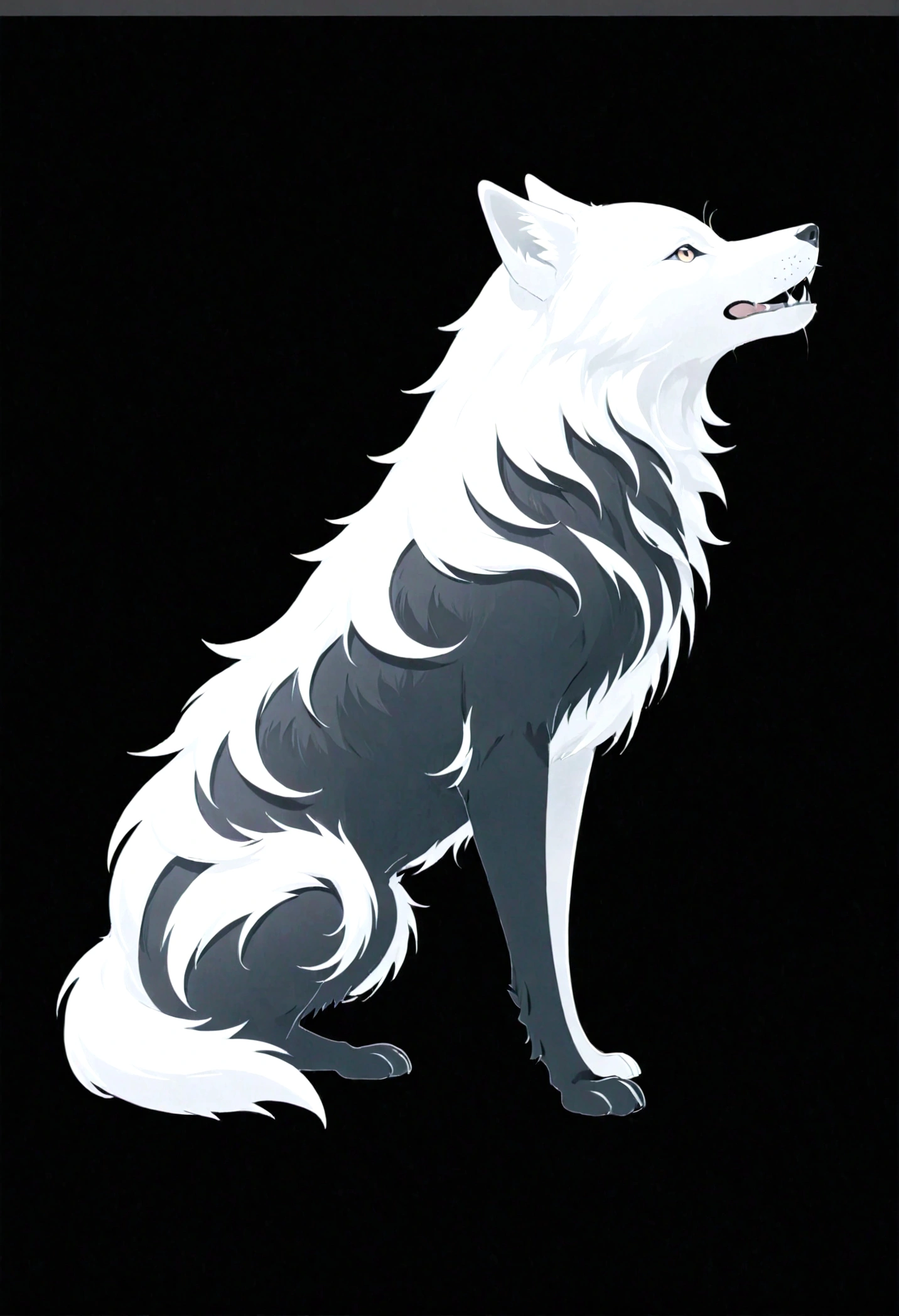 White silhouette design of a single wolf，Wolf howl：1.5，Black Background，Beautiful silhouette，Biologically correct