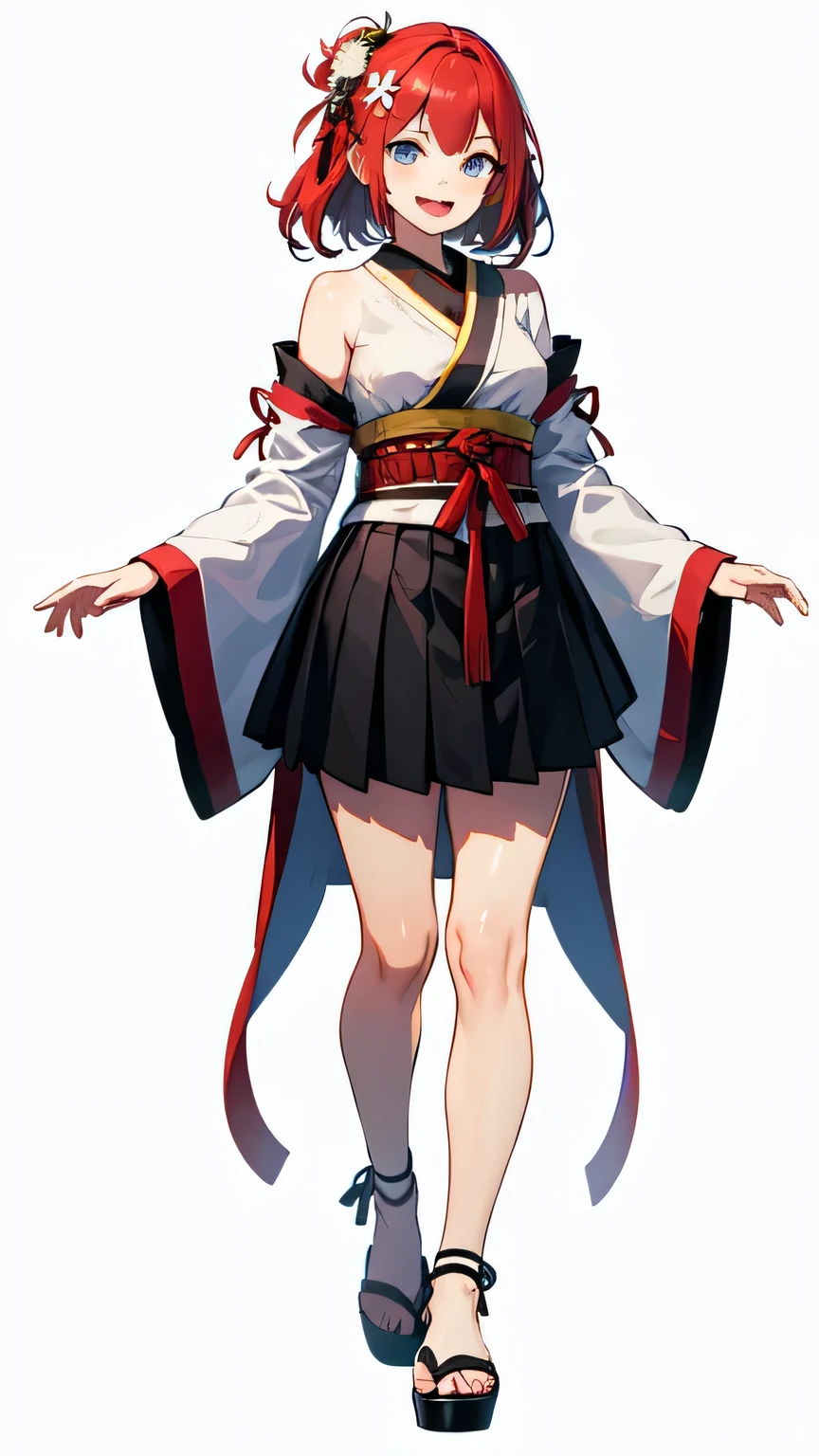 1girl, (masterpiece),(ultra-detailed),(best quality), tenjin kotone, one side up, hair flower, japanese clothes, black skirt, pleated skirt, light red hair, blue eyes, (simple white background:1.2), smile, :D, (bare shoulder), full body, (looking at viewer), dynamic pose,