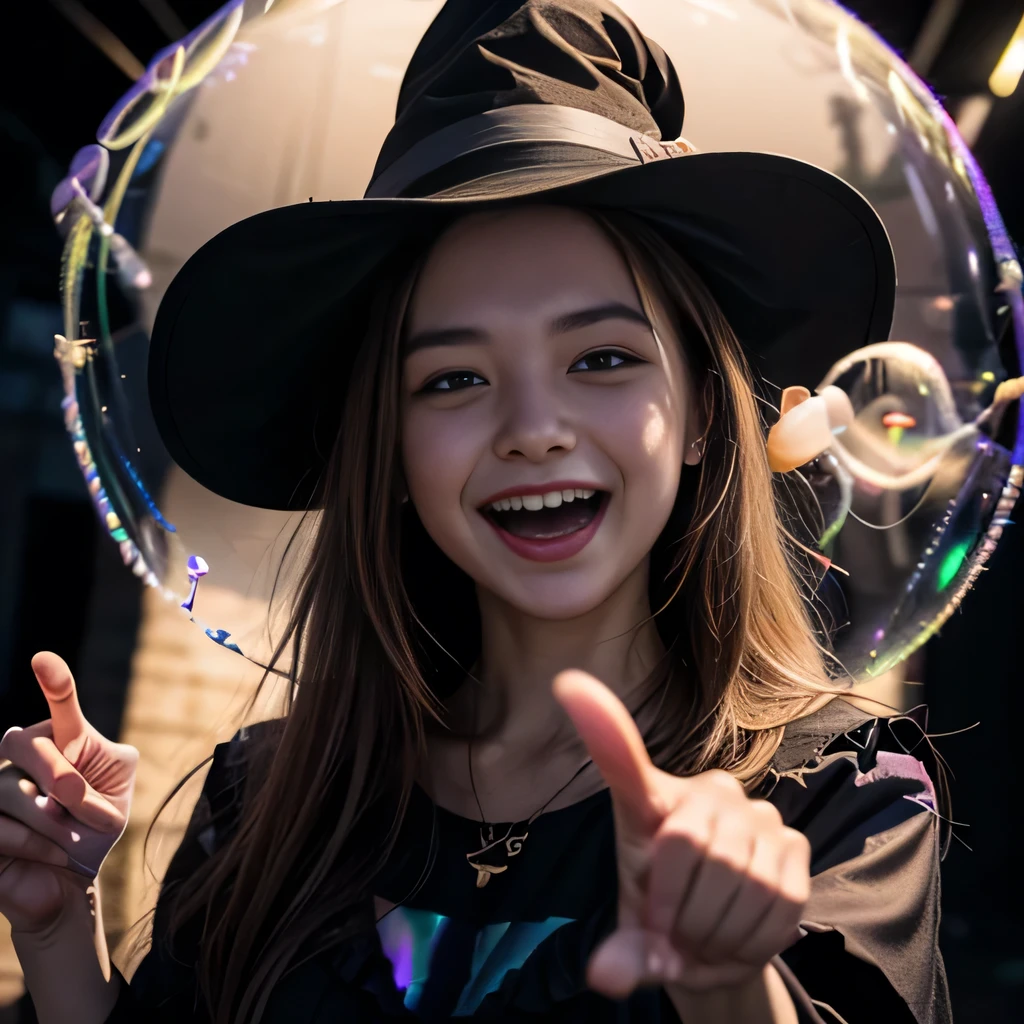 raw photo , 8K, ultra detailed, 1girl, witch, (laugh, point at viewer:1.3) ,(bubble:1.8), (blacklight:1.5)