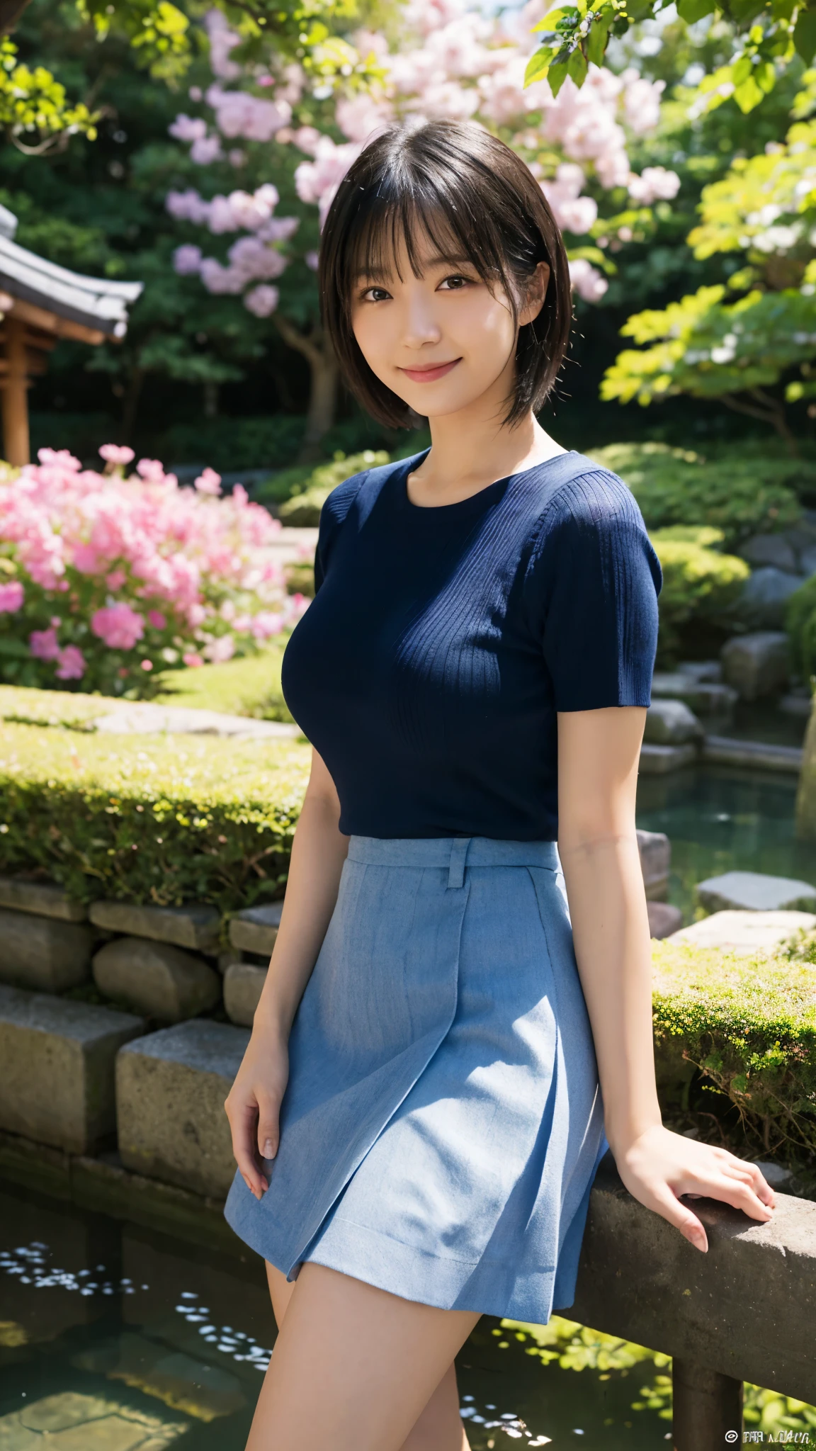 (highest quality,masterpiece:1.3,Ultra-high resolution),(Super detailed,Caustics,8k), (Photorealistic:1.4, RAW shooting),blue sky,Japanese garden,Japanese,20-year-old,smile,Black Hair Middle Hair,(Blue short-sleeved summer knit),Big Breasts,(White Skirt),Waist up shot,Natural light