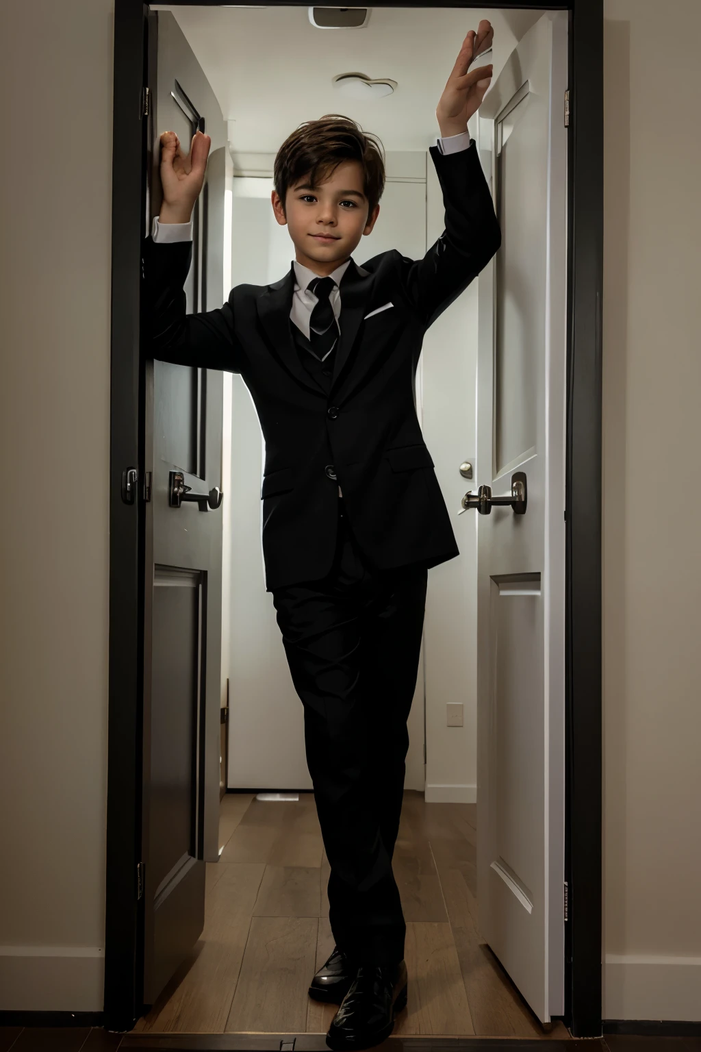 A young boy wearing a black suit and tie, standing next to the door, with his hands and feet raised