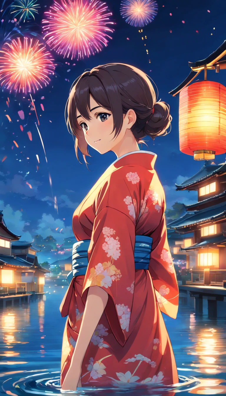 (8k, best quality, masterpiece:1.2),(best quality:1.0), (ultra highres:1.0), A beautiful Japanese summer festival scene featuring a young woman(18years old) in a traditional yukata with floral patterns. She is standing by the water, looking back over her shoulder, with a serene smile on her face. The night sky is illuminated by vibrant, colorful fireworks, reflecting off the water's surface. In the background, traditional Japanese buildings with warm lights add to the festive atmosphere. The overall mood is cheerful and magical, capturing the essence of a summer night filled with joy and celebration.HANABI. Slightly sexier look.