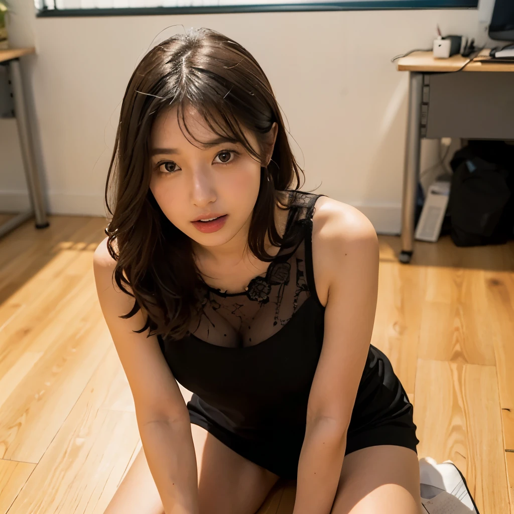 (Beautiful girl sitting on the floor1Office female staff:1.5)、(Five men put their hands on a woman'Shoulder:1.6)、The girl's low-cut tight shirt reveals half of her big breasts,Girl smiles with curled lips,The girl’s collarbone is very beautiful,There is a man standing behind his suit pants, his lower body seems to be bulging next to the girl's face.