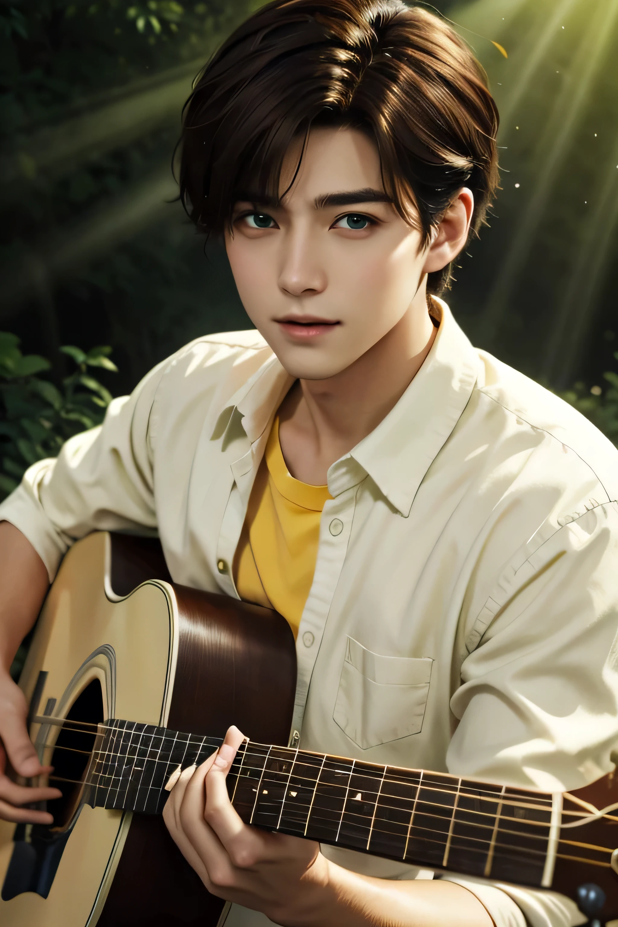 (3D:0.5,realistic:0.5,photorealistic:0.5),(absurdres,Super-resolution,masterpiece,best quality,finely detailed,absurdres:1.2), dramatic light, dramatic illumination, cinematic, anime scenery, makoto shinkai, ghibli, fantasy world, magical, (((1boy))), young male, short cut hair,(((middle part hairstyle))), (((brown hair color))) irish male, nature, plants, leaves, green, (((portrait picture))), Smile softly, look at the camera, (((green eyes)), (((forest) )) (((wearing White yellow shirt)), (((singing with guitar)))