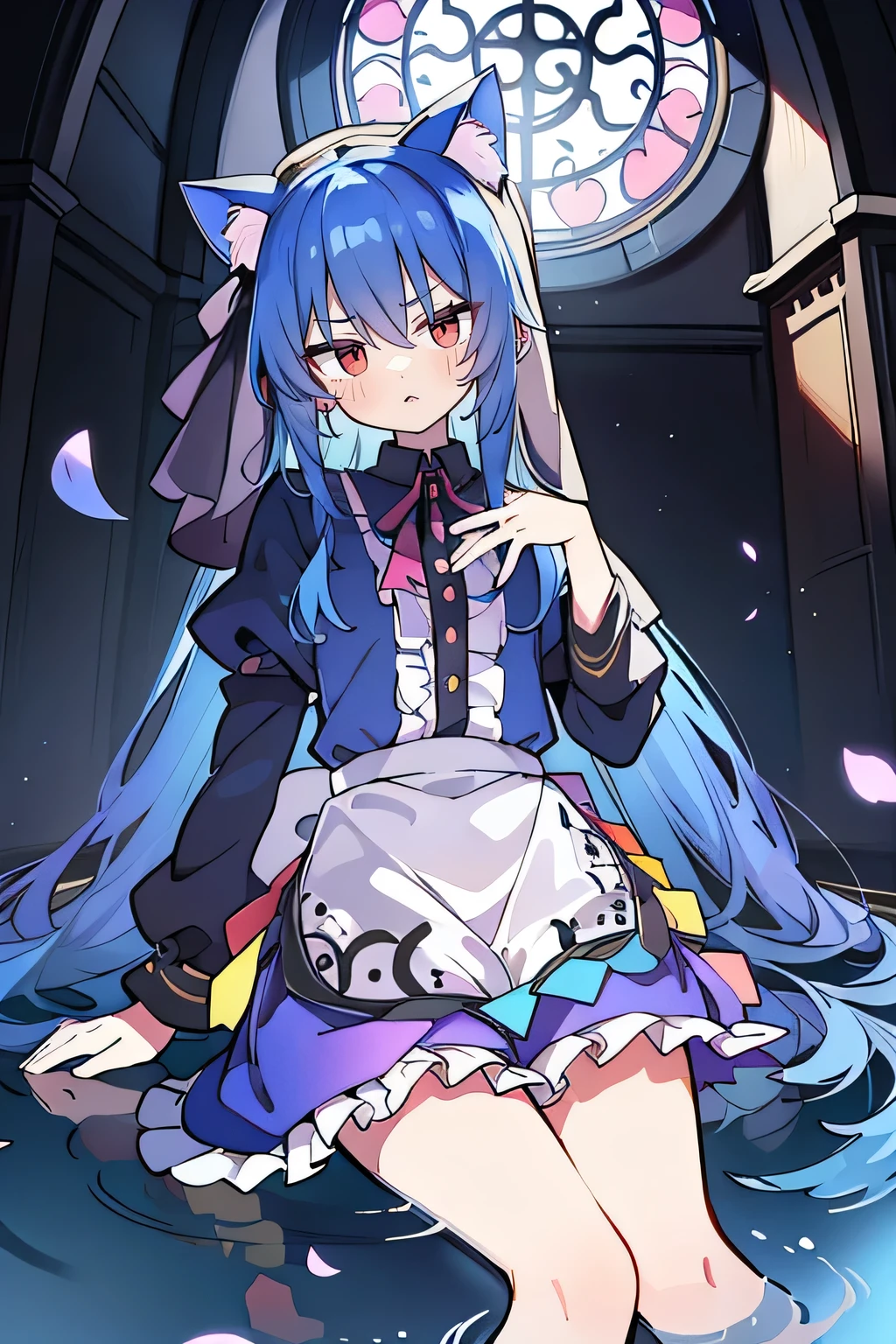 (masterpiece:1.2),Extremely detailed,Practical,expressive eyes,Fair skin,Perfect face shaping,1 Girl,
Japanese cartoons,Gorgeous blue hair, the long flowing blue hair,Floating clothes,Cat ears,Petals fall,beautiful lola,Young Angel,
Place your hands on your waist,sit elegantly on the ground,Cross your legs,Gentle and peaceful background,stately church,nun,lie on the water,Blackening,A look of disdain.