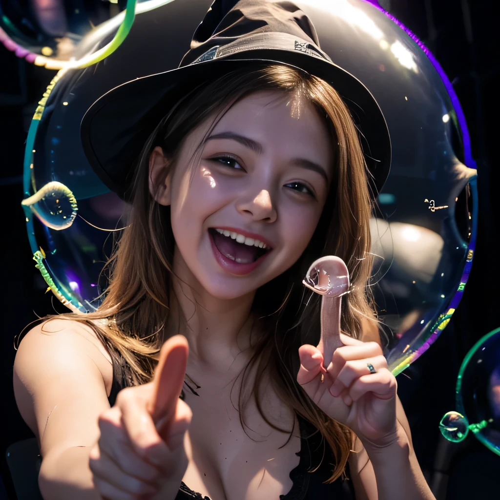 raw photo , 8K, ultra detailed, 1girl, witch, (laugh, point at viewer:1.3) ,(bubble:1.8), (blacklight:1.5)