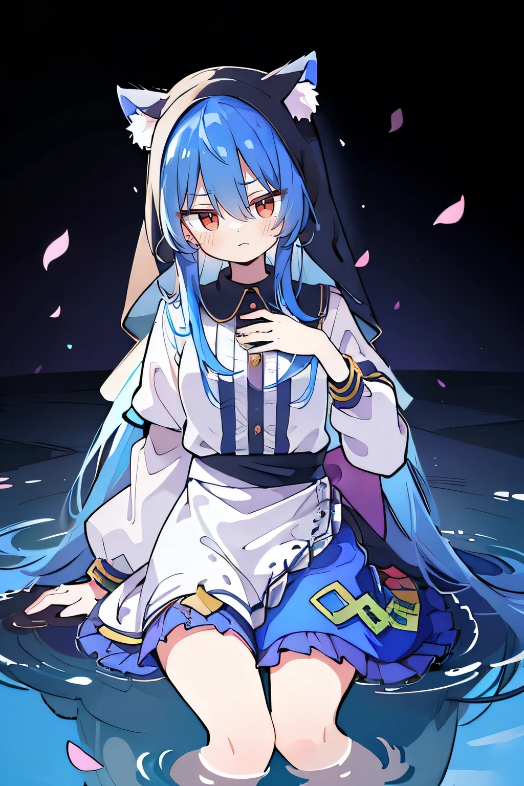 (masterpiece:1.2),Extremely detailed,Practical,expressive eyes,Fair skin,Perfect face shaping,1 Girl,
Japanese cartoons,Gorgeous blue hair, the long flowing blue hair,Floating clothes,Cat ears,Petals fall,beautiful lola,Young Angel,
Place your hands on your waist,sit elegantly on the ground,Cross your legs,Gentle and peaceful background,stately church,nun,lie on the water,Blackening,A look of disdain.
