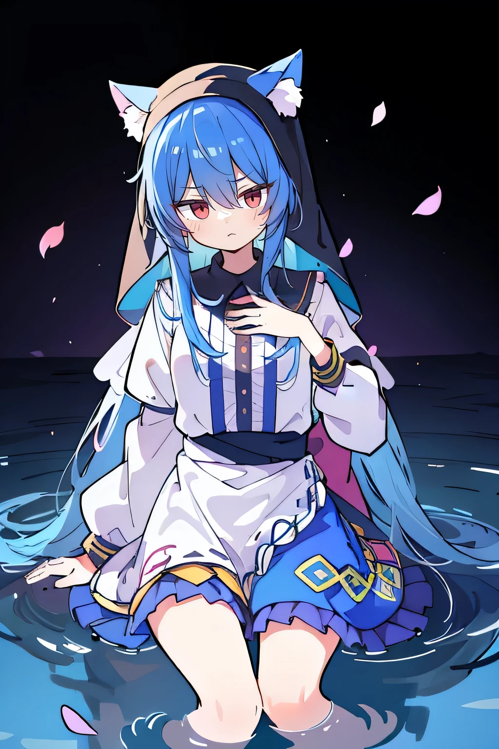 (masterpiece:1.2),Extremely detailed,Practical,expressive eyes,Fair skin,Perfect face shaping,1 Girl,
Japanese cartoons,Gorgeous blue hair, the long flowing blue hair,Floating clothes,Cat ears,Petals fall,beautiful lola,Young Angel,
Place your hands on your waist,sit elegantly on the ground,Cross your legs,Gentle and peaceful background,stately church,nun,lie on the water,Blackening,A look of disdain.