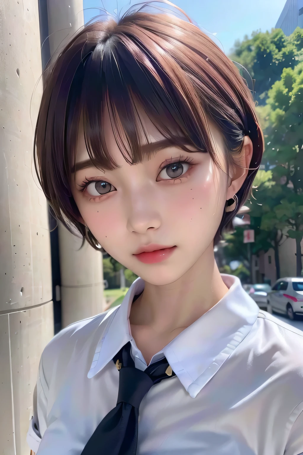 (highest quality:1.3)、(Masterpiece:1.4)、Raw photo、8K、((Best image quality))、 ((High resolution))、Beautiful face in every detail、(Cute natural anime face)、(One Woman:1.3)、Realistic、Photorealistic、short hair、(Beautiful woman)、((Cool Japan girl))、(boyish:1.3)、mannish、Beautiful face、((Beautiful woman))、(Beautiful Hair)、((Dark brown hair))、(Blushing:1.5)、(Fashion Model:1.3)、(Every woman admires her face:1.3)、((Her eyes are big))、20 year old beauty、(Small face)、Small Head、((Long neck))、(High school girls)、uniform、(Japanese high school uniform)、(High school girlsのuniform)、White button-up shirt、tie、(The aspirations of young people)、((The center of attention in school))、everyone will love her、